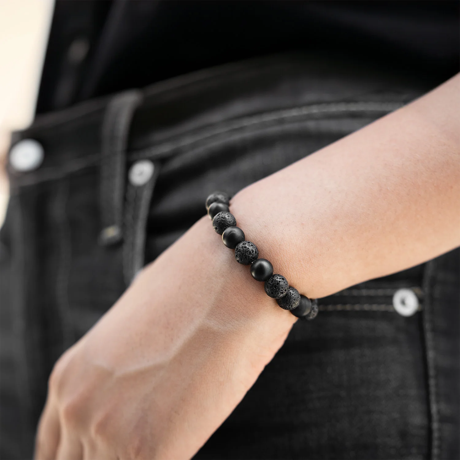 Stealth Matte Black Onyx and Lava Natural Stone Bracelet - Image 9