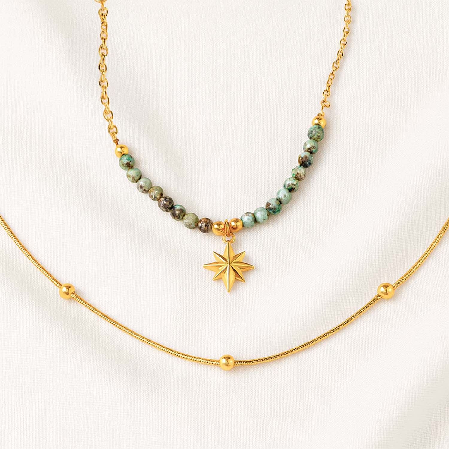 Astra Multi-Layer Gold Star Necklace with African Turquoise Beads - Image 3
