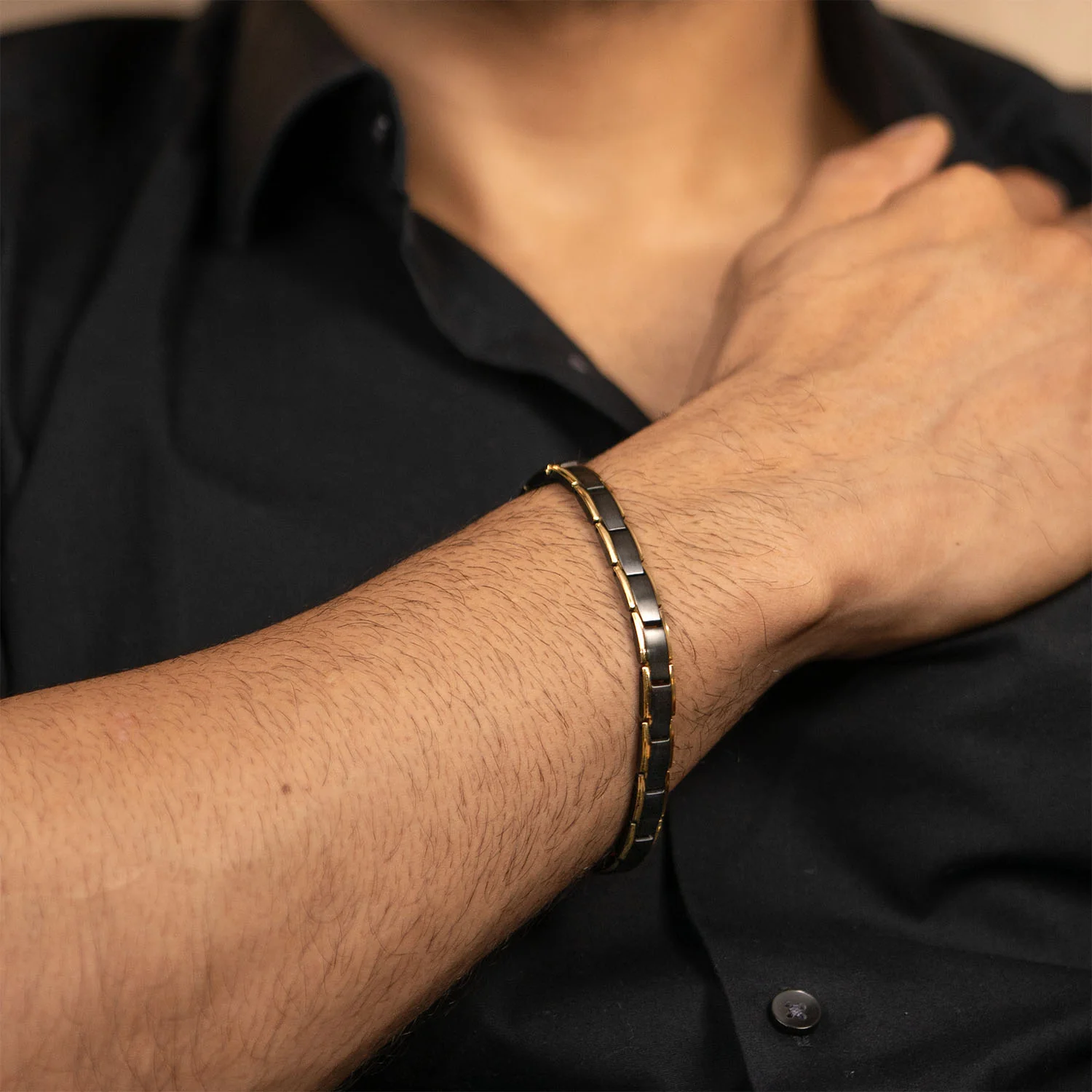 Black & Gold Dual Finish Steel Link Bracelet - Image 2