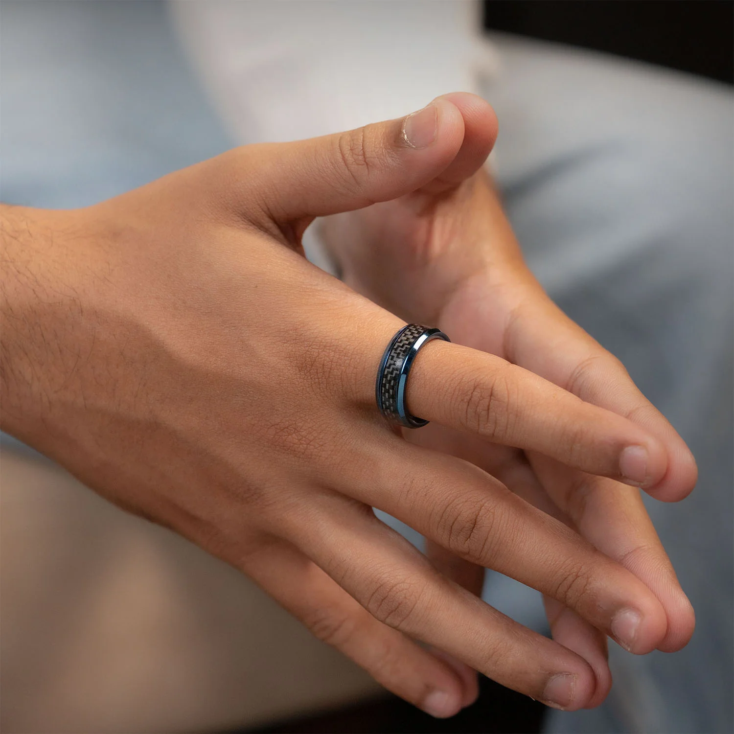Flint Black On Blue Carbon Fiber Inlay Band Ring - Image 2