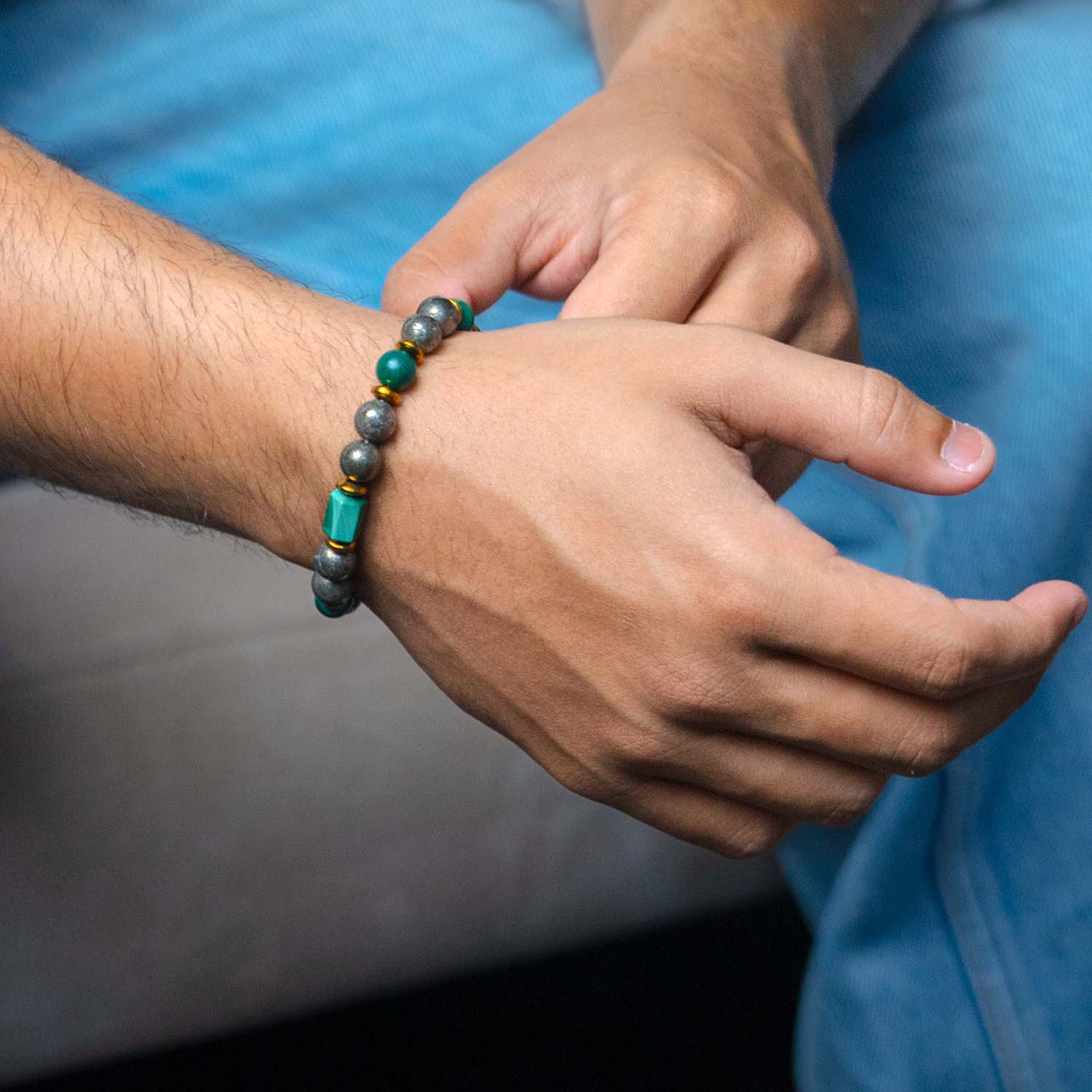 Fortune Pyrite & Malachite Natural Stone Bracelet with Magsnap2 - Image 2