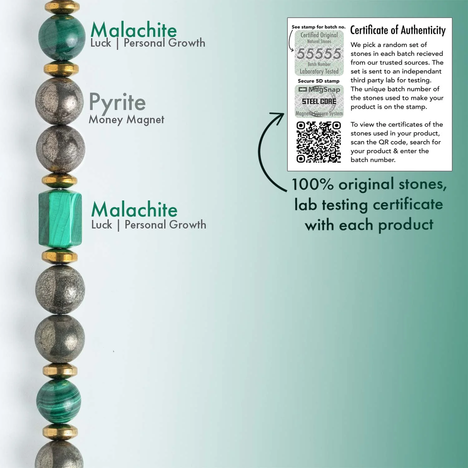 Fortune Pyrite & Malachite Natural Stone Bracelet with Magsnap2 - Image 4
