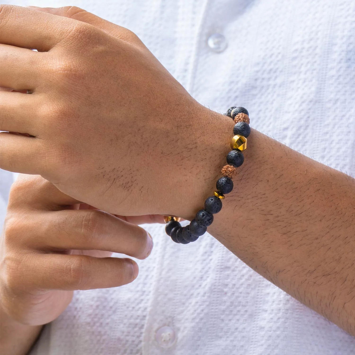 Grounded Rudraksh & Saffordite Natural Stone Bracelet With MagSnap2 - Image 3