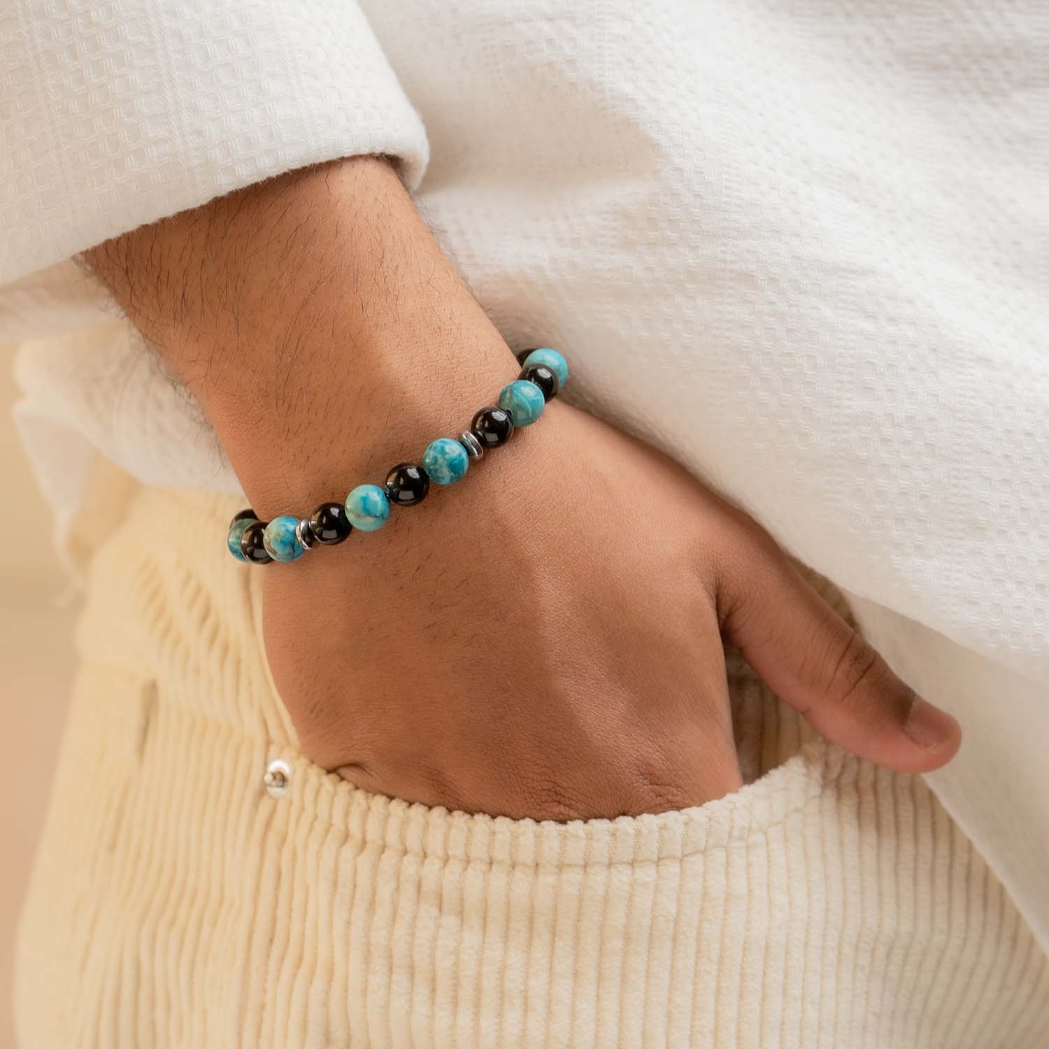 Harmonic African Turquoise & Black Obsidian Natural Stone Bracelet - Image 2