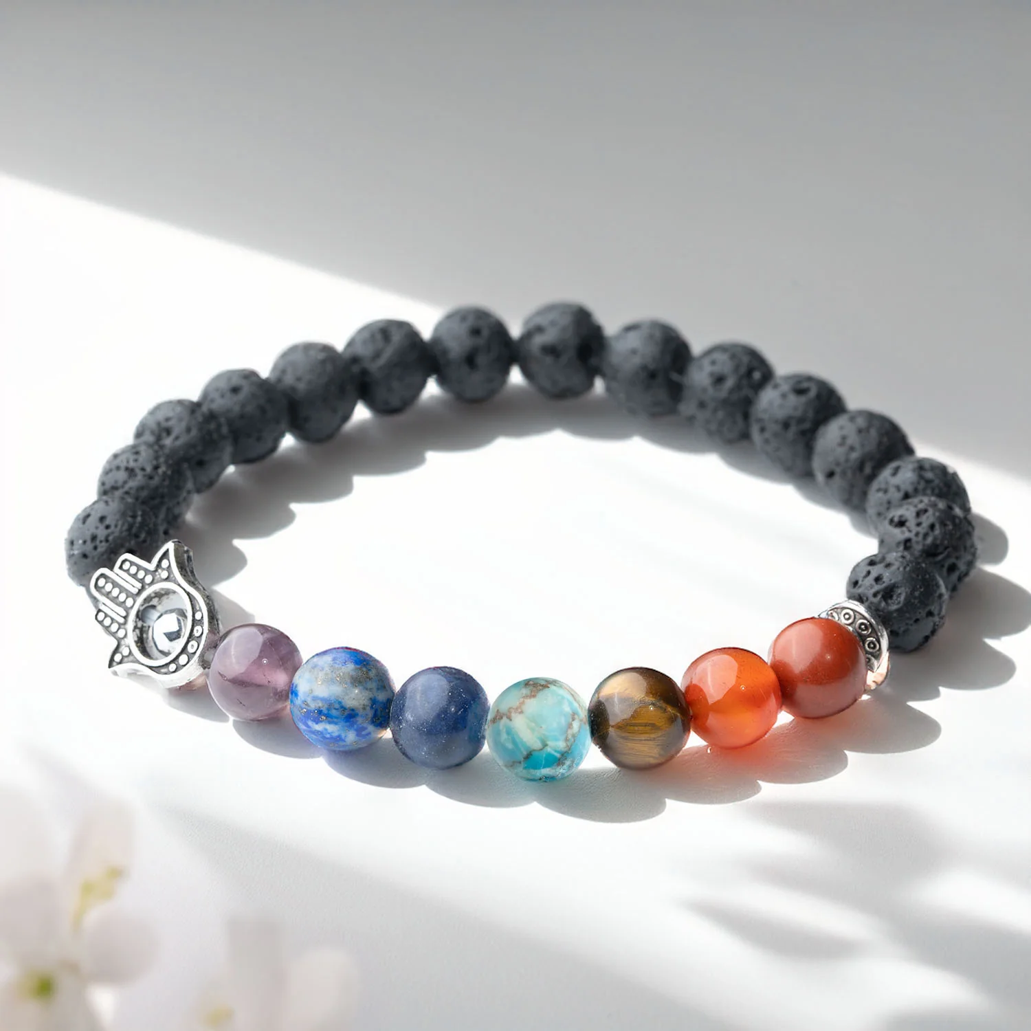 Lava 7 Chakra Natural Stone Hamsa Bracelet - Image 10