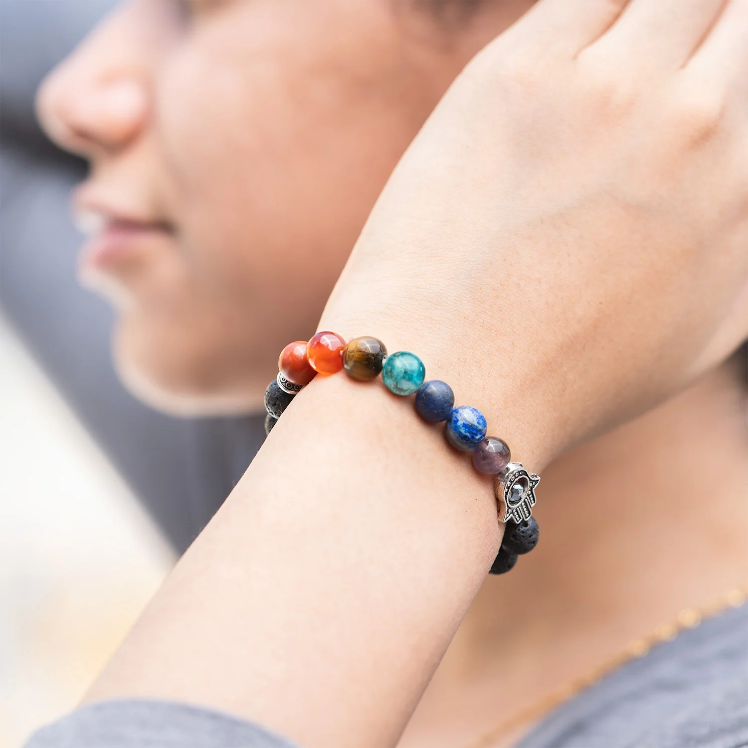 Lava 7 Chakra Natural Stone Hamsa Bracelet - Image 12