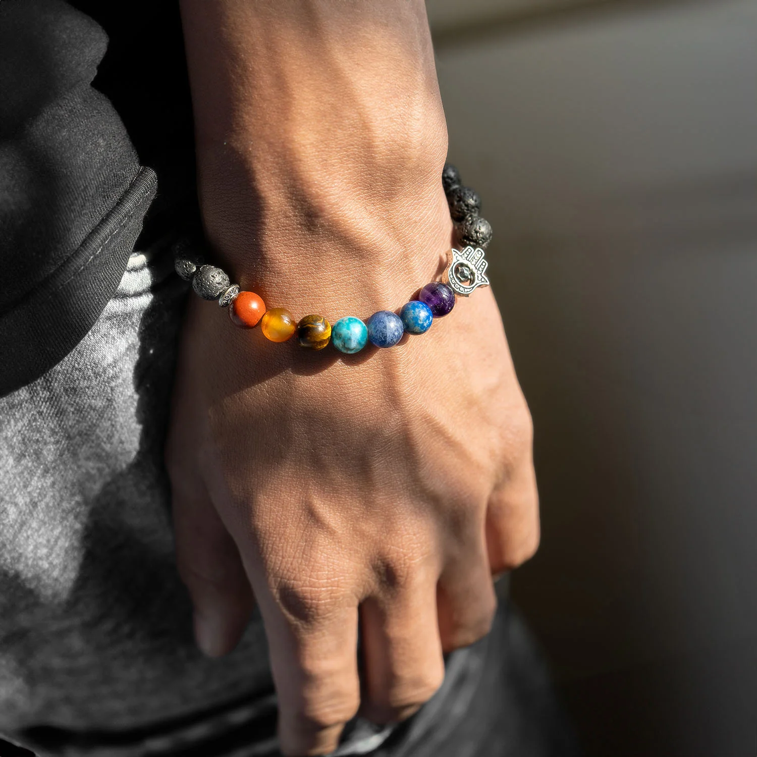 Lava 7 Chakra Natural Stone Hamsa Bracelet - Image 3
