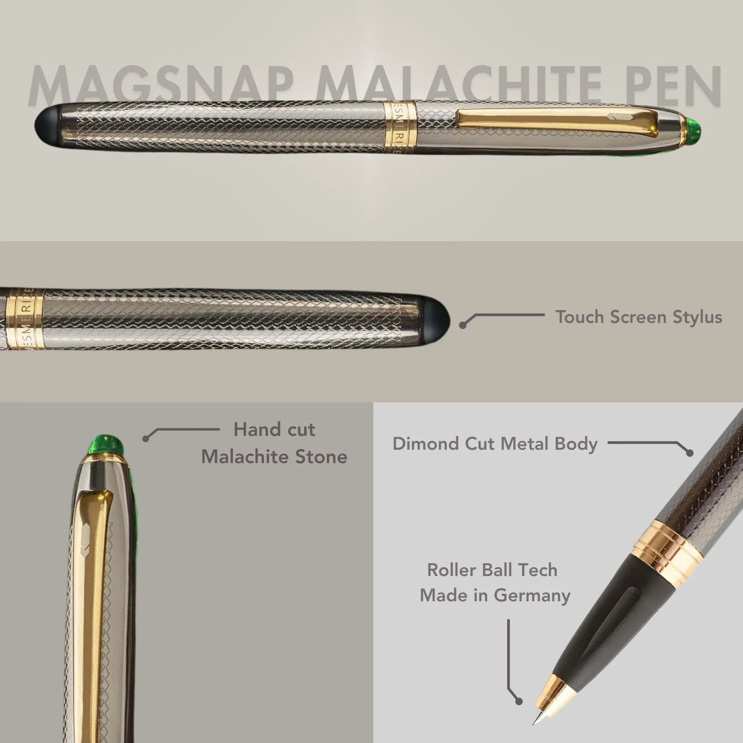 Malachite 2 in 1 MagSnap Roller Ball Pen with Stylus - Image 2