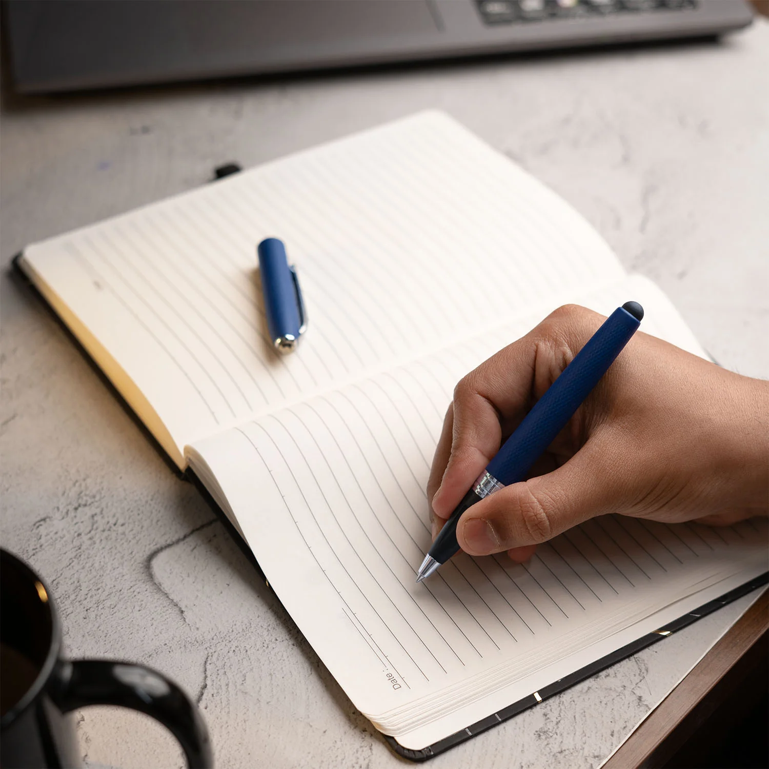 Matte Black Diary with Matte Blue Pyrite MagSnap Roller Ball Pen with Stylus - Image 8