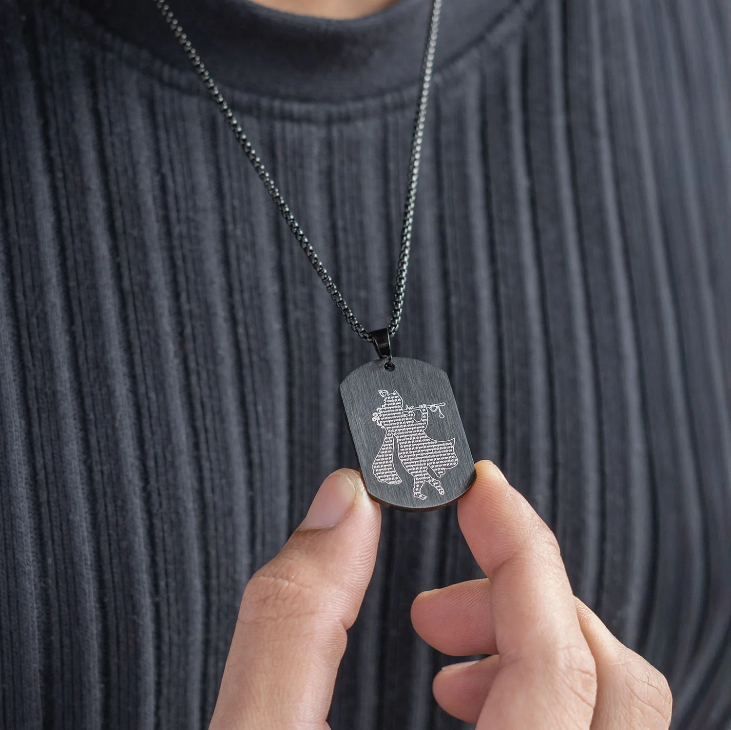 Hare Krishna MicroCarved Inlay Tag Necklace - Image 3