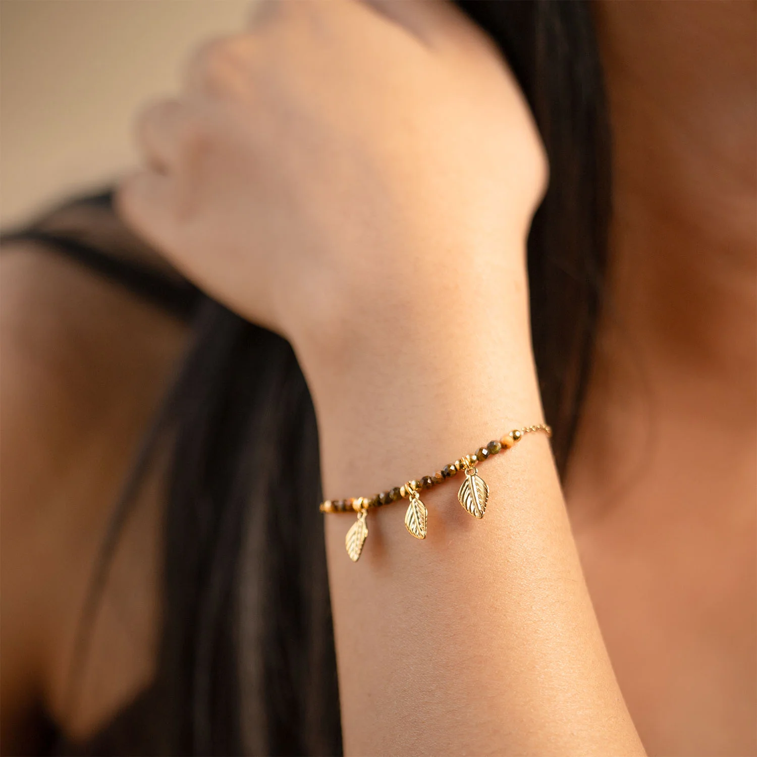 Ira Dainty Leaf Drop Gold Adjustable Bracelet with Tiger Eye - Image 2