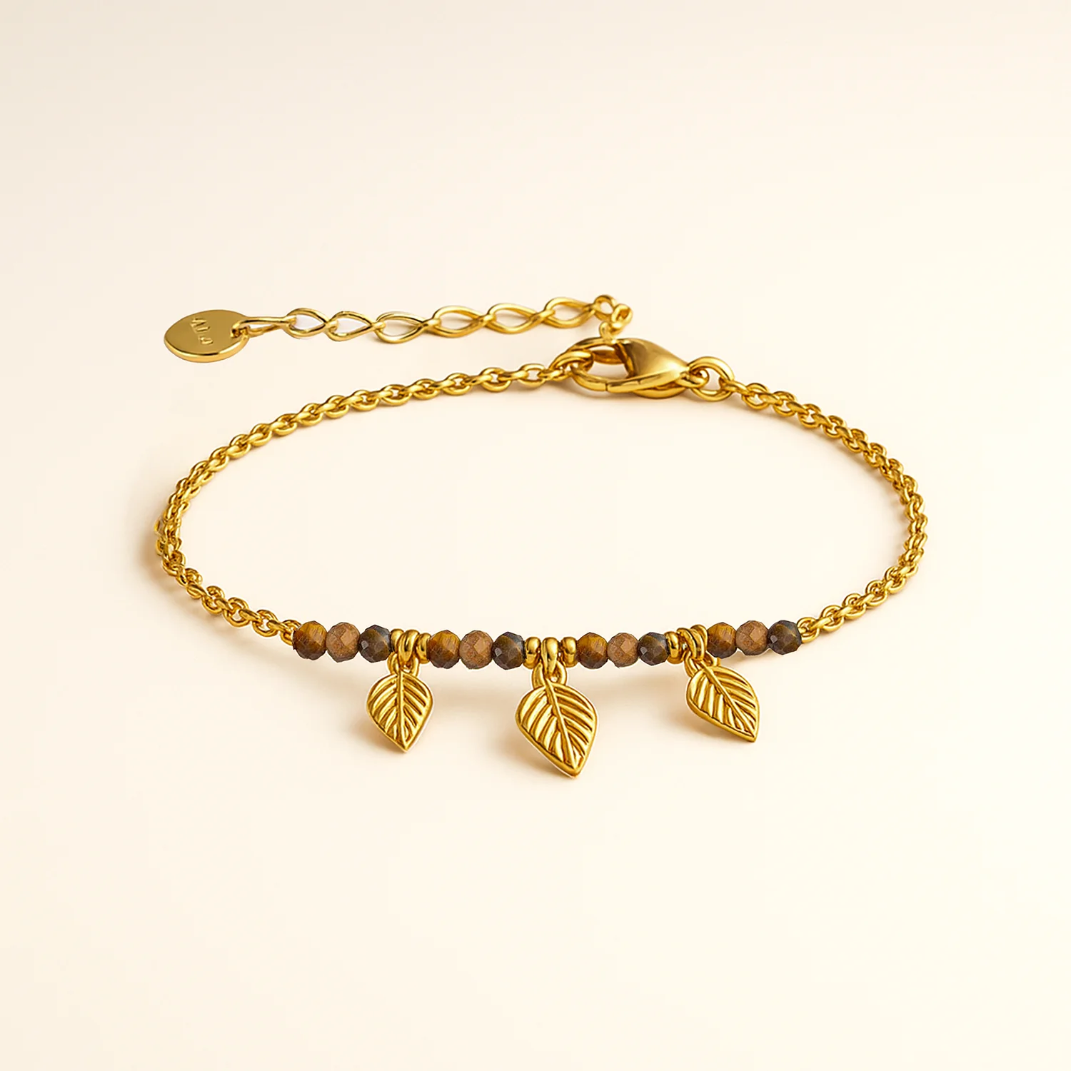 Ira Dainty Leaf Drop Gold Adjustable Bracelet with Tiger Eye - Image 3