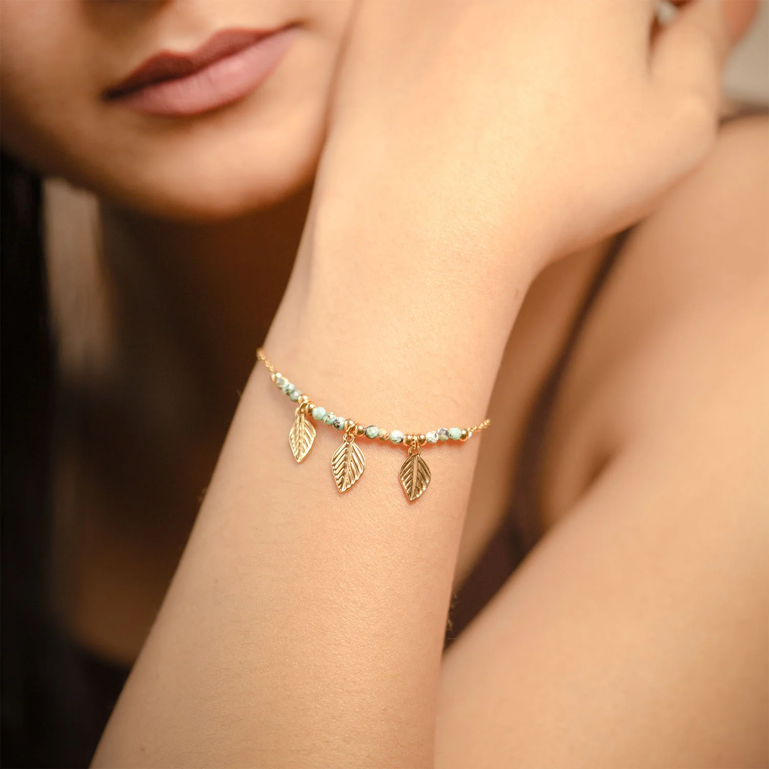 Oriana Minimal Leaf Drop Gold Natural Stone Adjustable Bracelet - Image 2