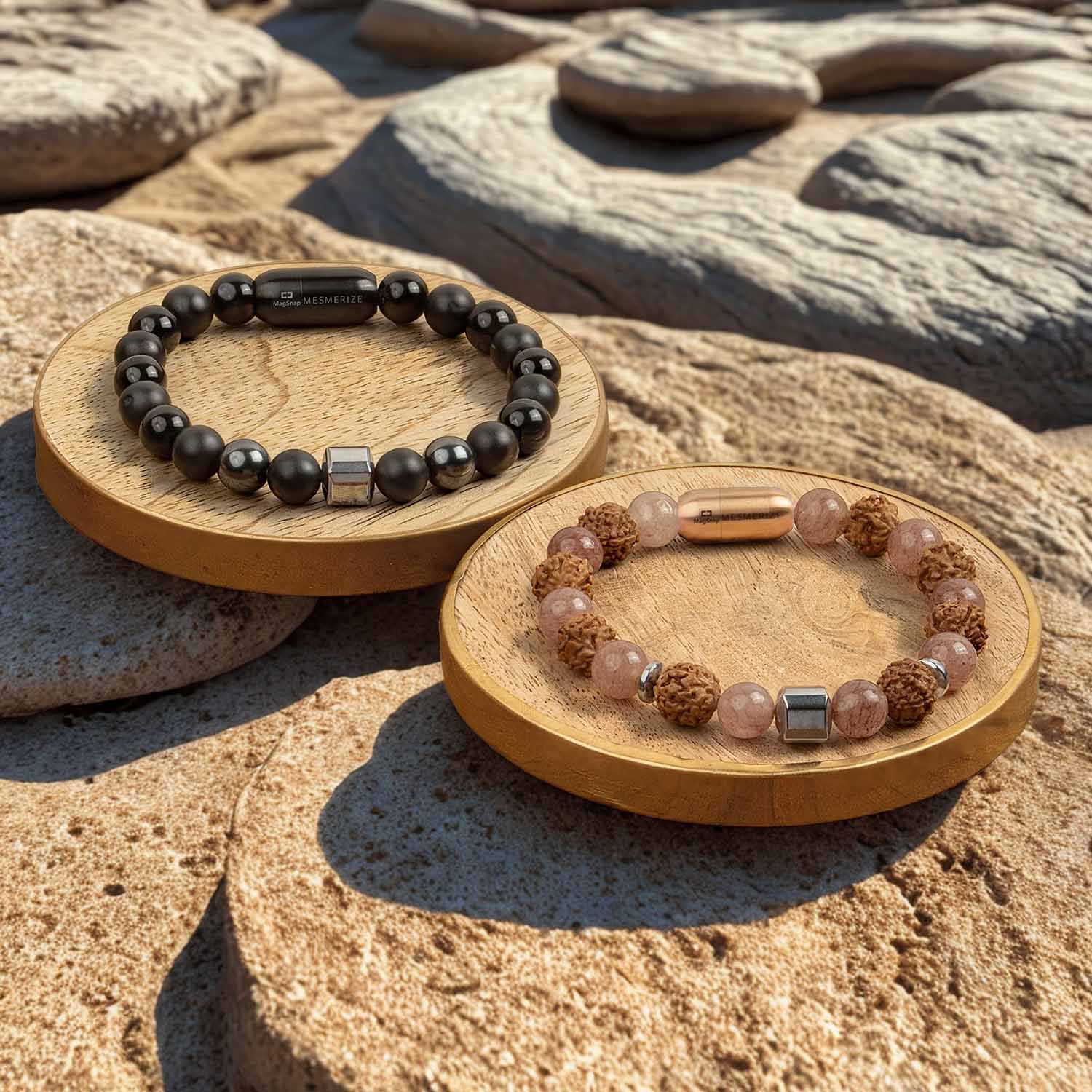 Personalised Serenity Strawberry Quartz & Stealth Gloss Onyx Natural Stone Couple Bracelets with Magsnap 2 - Image 11