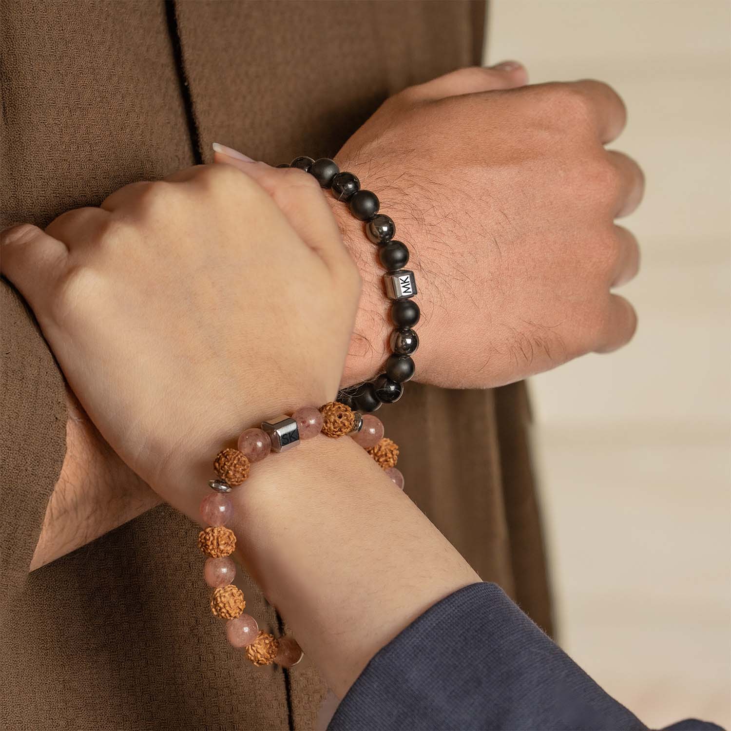 Personalised Serenity Strawberry Quartz & Stealth Gloss Onyx Natural Stone Couple Bracelets with Magsnap 2 - Image 2