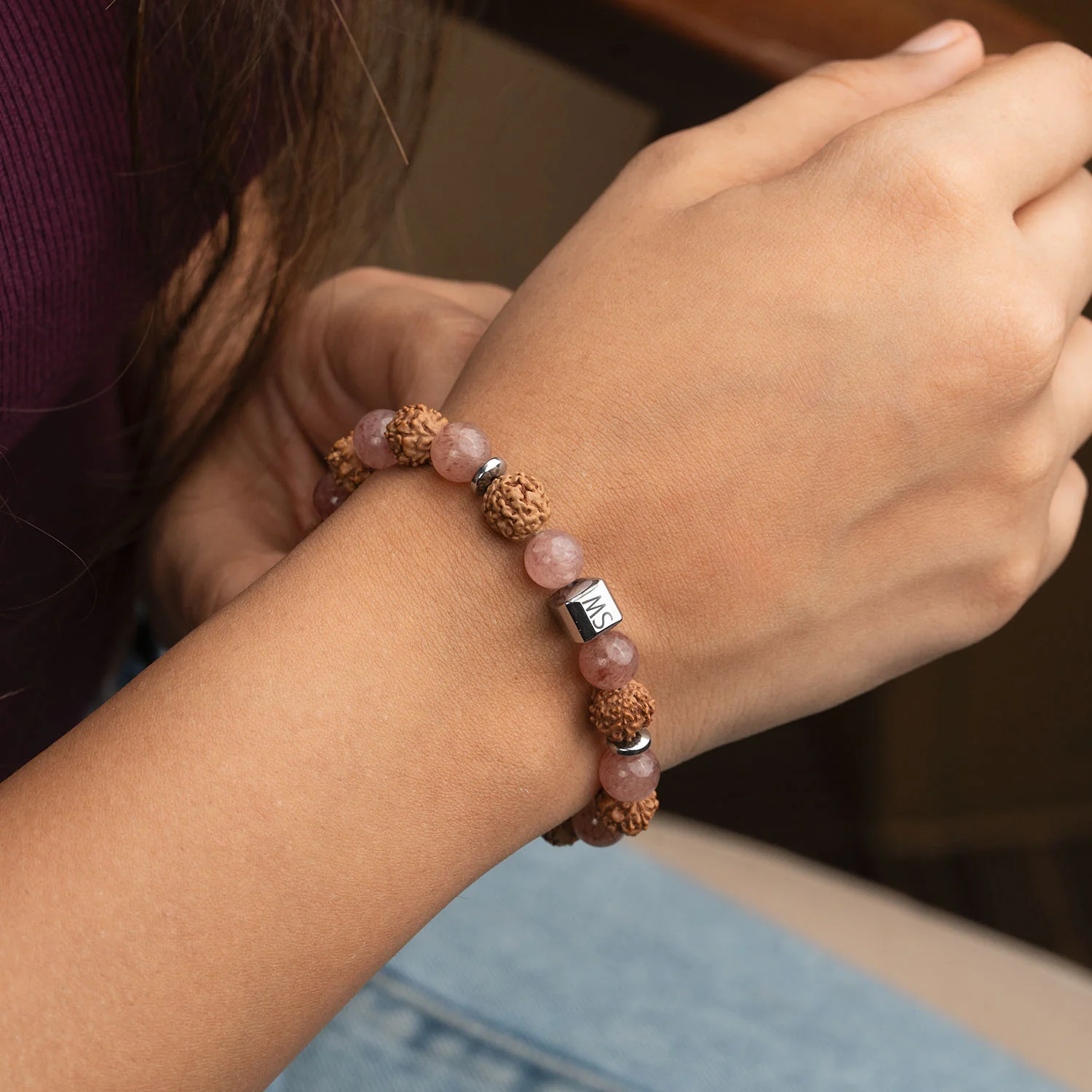 Personalised Serenity Strawberry Quartz & Rudraksh Natural Stone Bracelet - Image 17