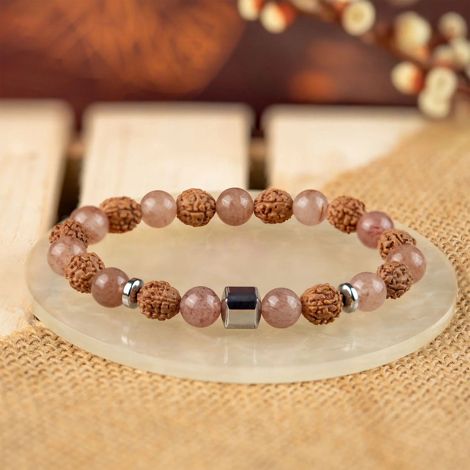 Personalised Serenity Strawberry Quartz & Rudraksh Natural Stone Bracelet - Image 22