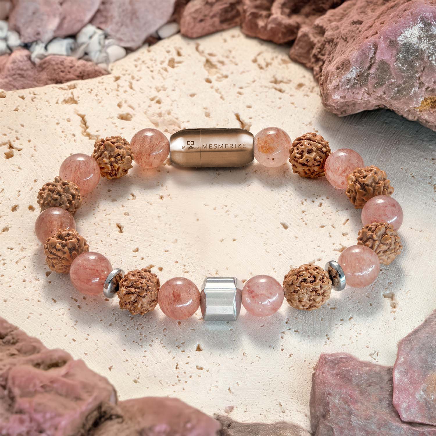 Personalised Serenity Strawberry Quartz & Rudraksh Natural Stone Bracelet - Image 9