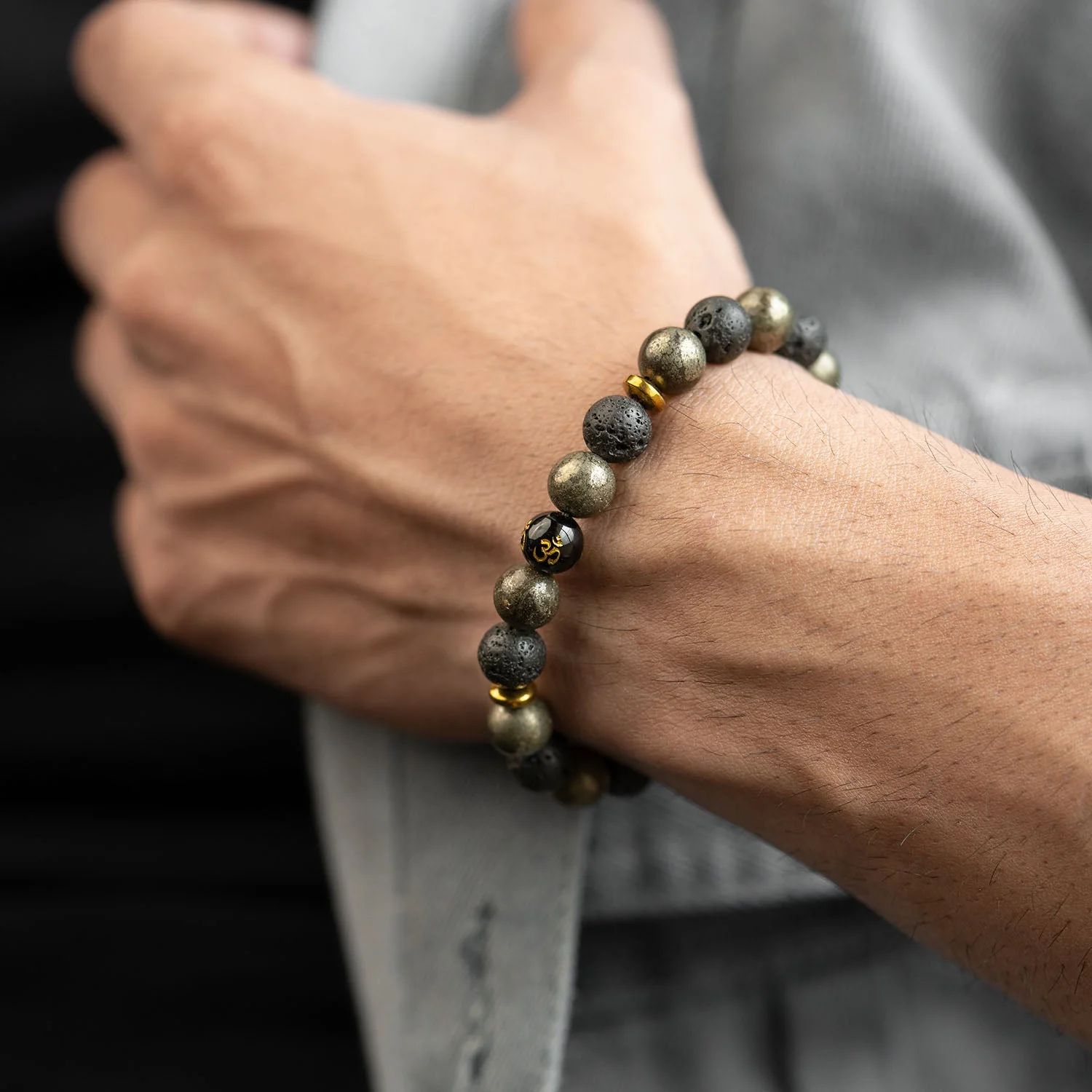 Spiritual Pyrite Natural Stone OM Bracelet - Image 3