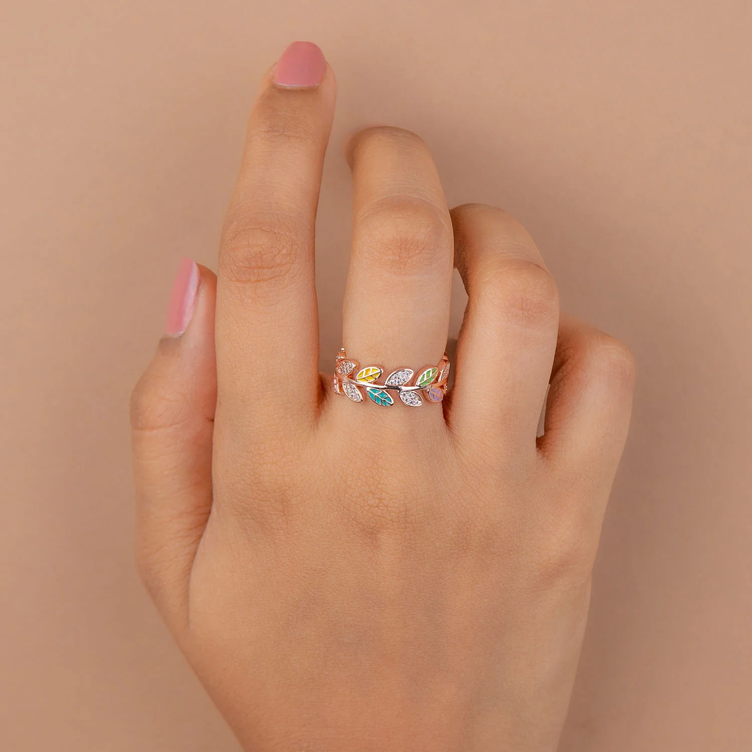 Rose Gold Multi Diamond Leaf Ring - Image 2