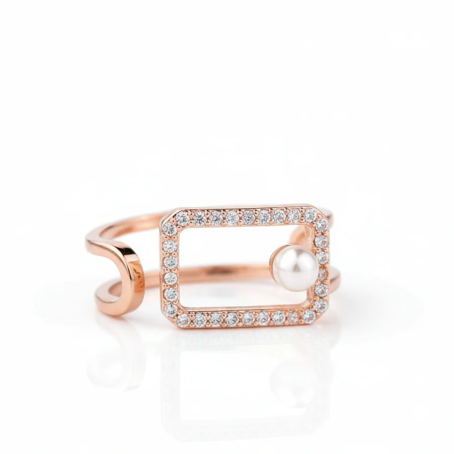Rose Gold Pearl Diamond Adjustable Ring - Image 3