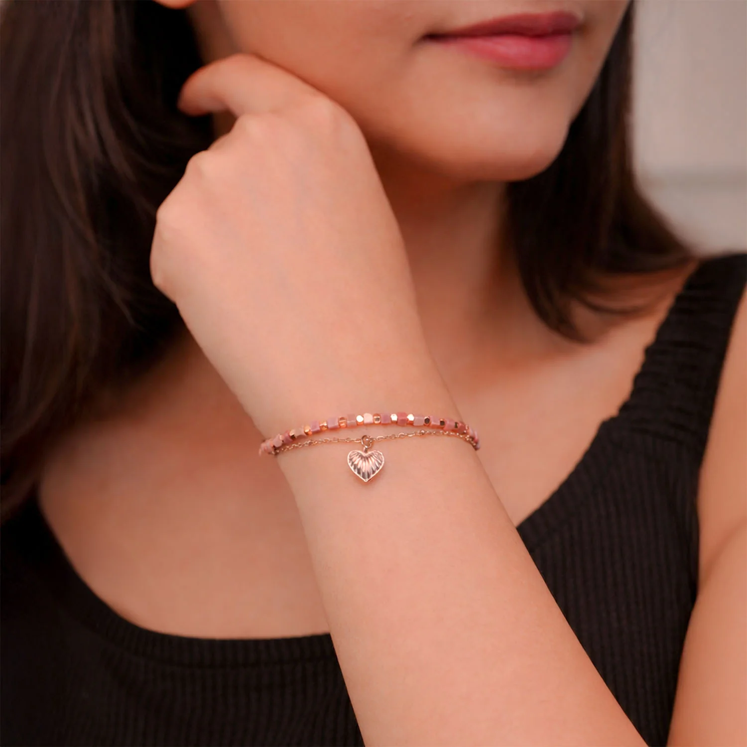Roselle Layered Rose Gold Bracelet with Rhodochrosite Beads - Image 2