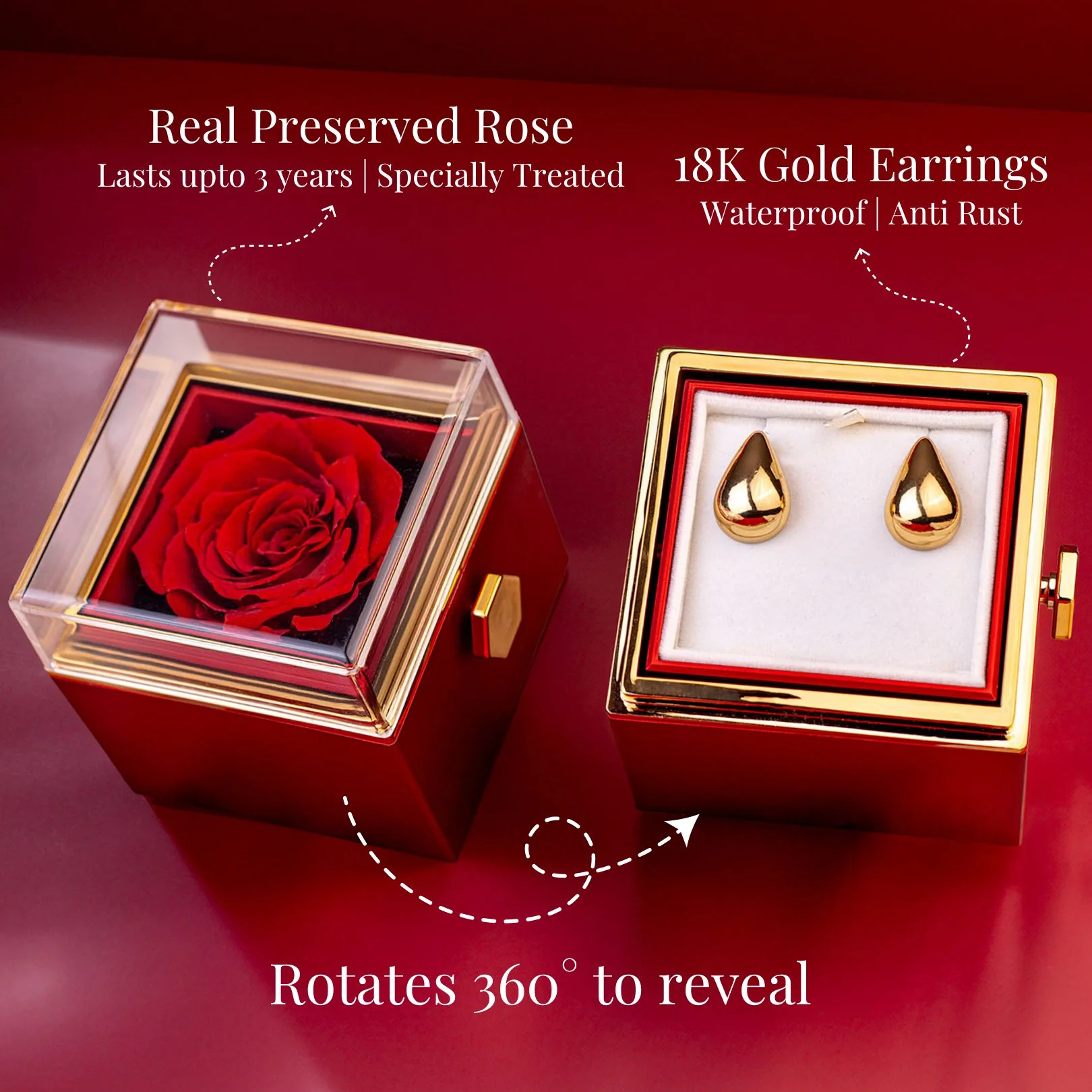 Valentine's Rotating Preserved Rose Jewellery Box With Earrings - Image 11