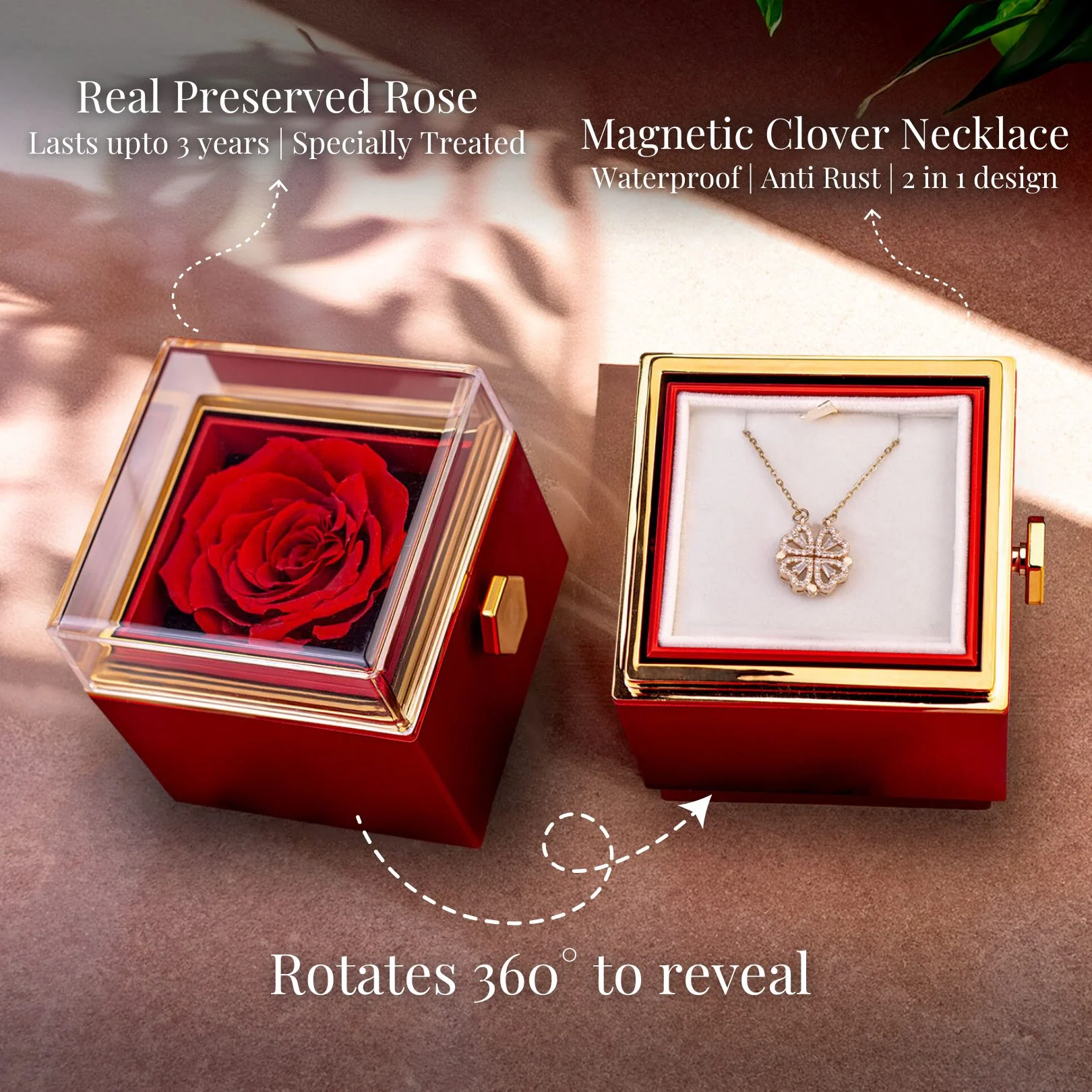 Valentine's Rotating Rose Preserved Rose Jewellery Box With Necklaces - Image 11