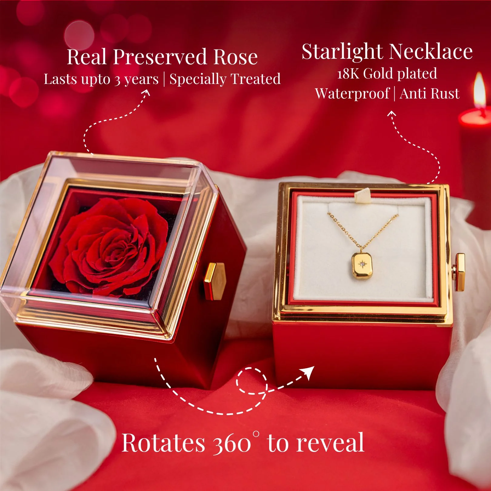 Valentine's Rotating Rose Preserved Rose Jewellery Box With Necklaces - Image 16