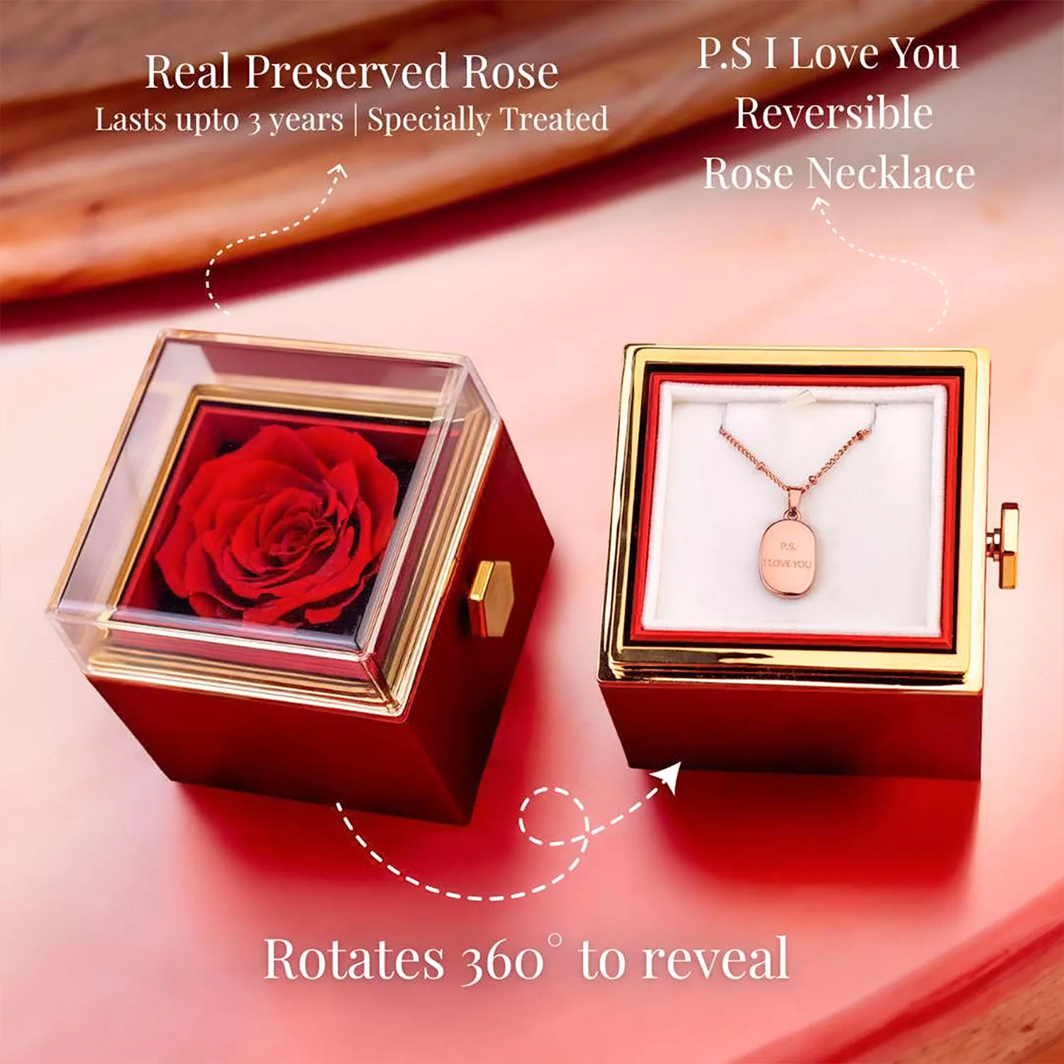 Valentine's Rotating Rose Preserved Rose Jewellery Box With Necklaces - Image 21