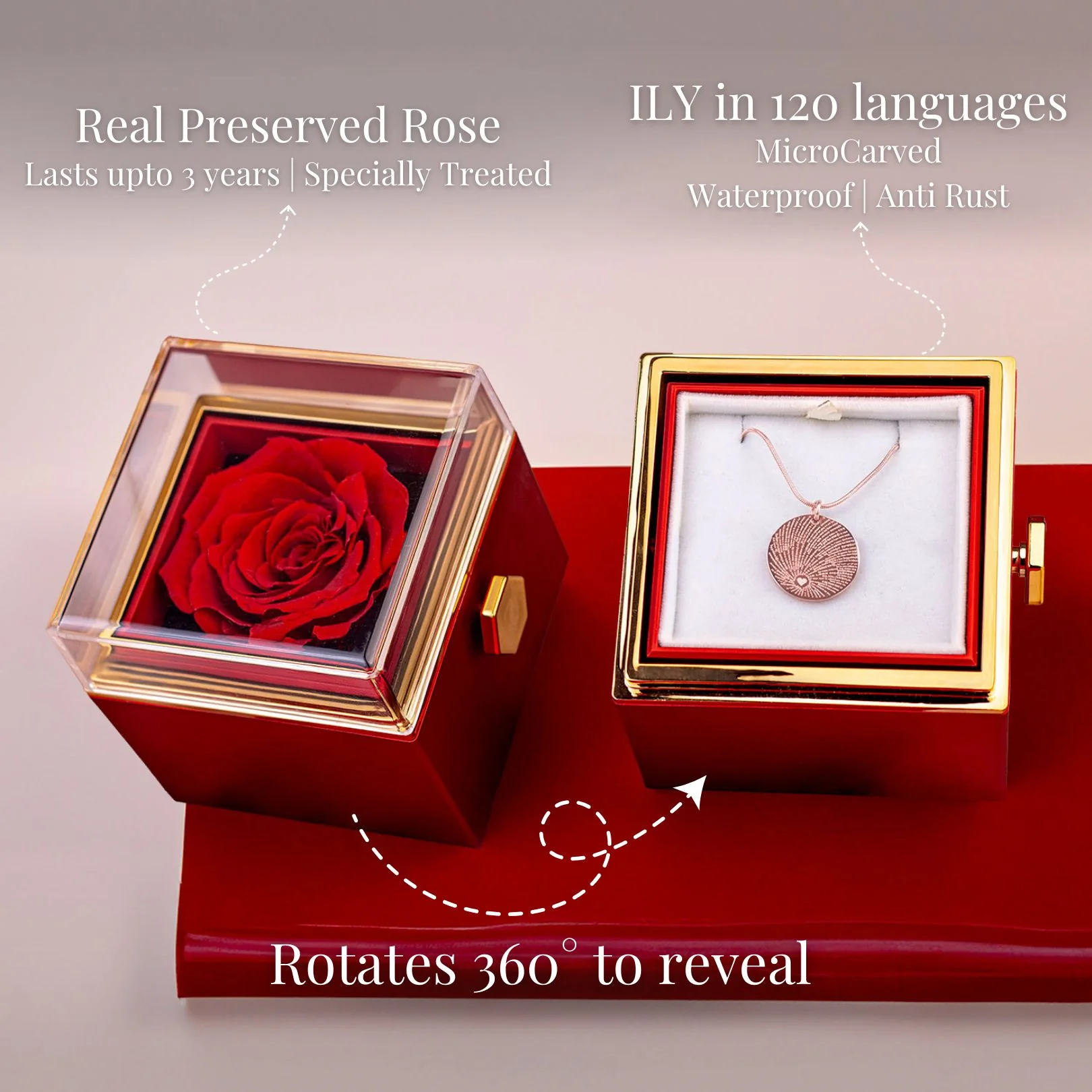 Valentine's Rotating Rose Preserved Rose Jewellery Box With Necklaces - Image 59