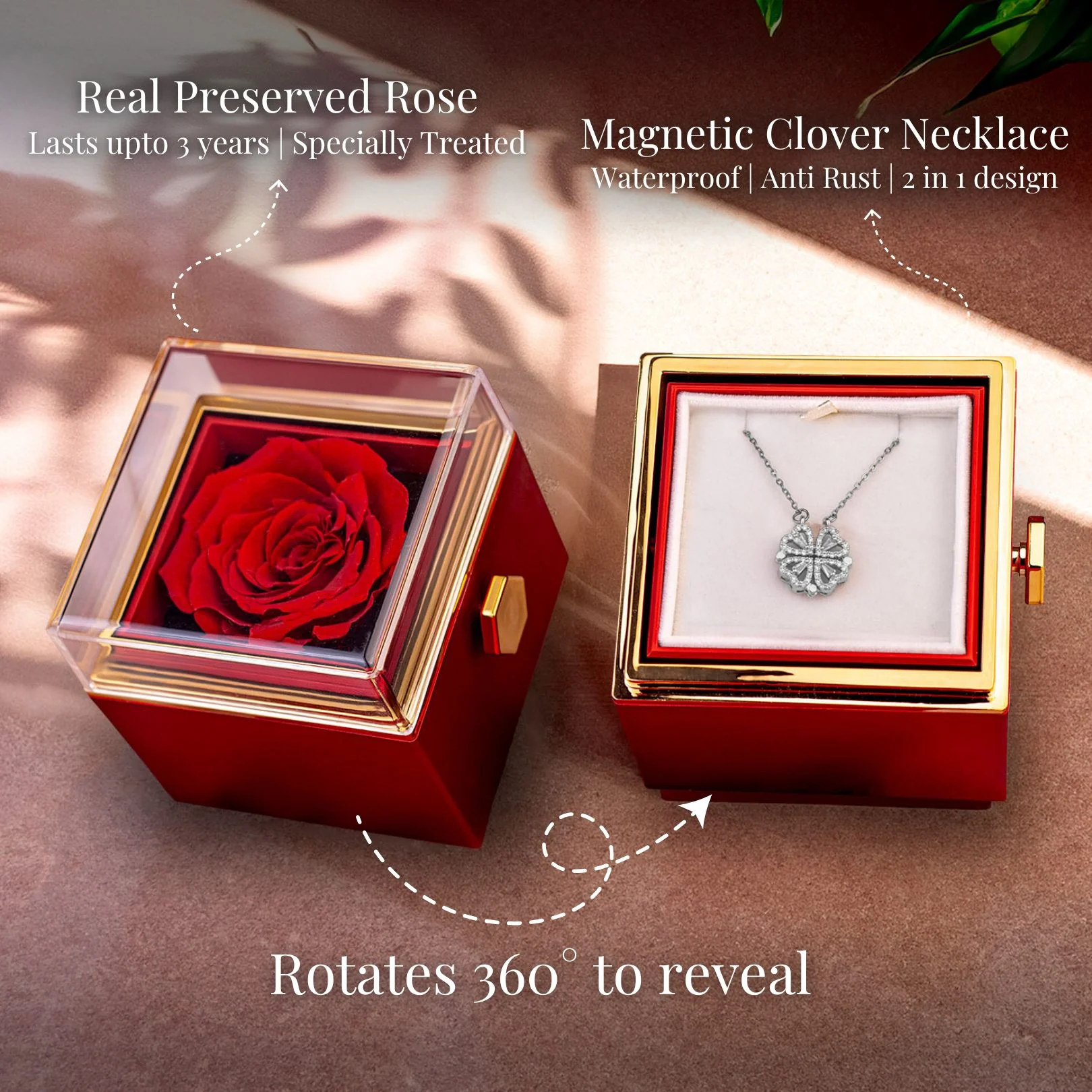 Valentine's Rotating Rose Preserved Rose Jewellery Box With Necklaces - Image 6
