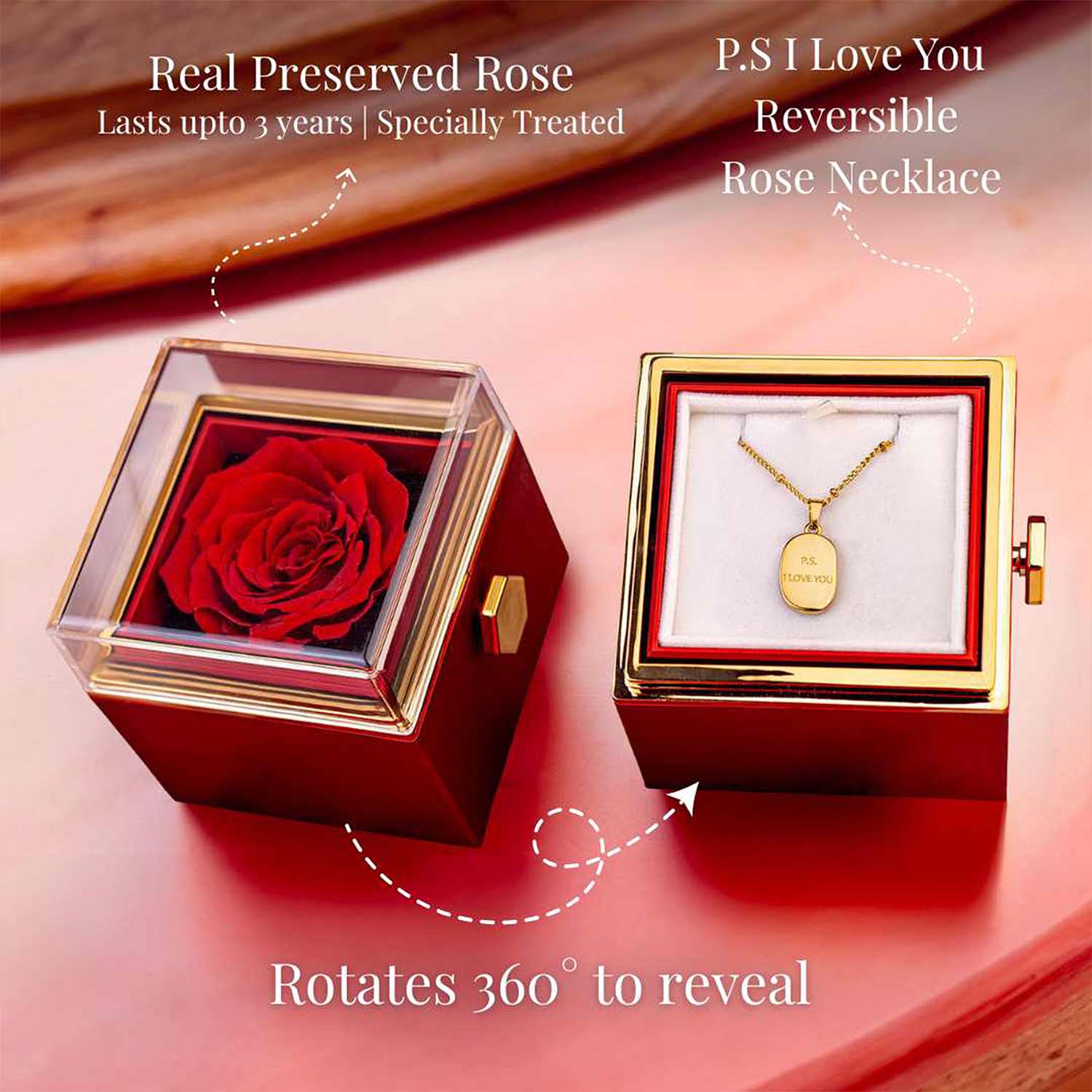 Valentine's Rotating Rose Preserved Rose Jewellery Box With Necklaces - Image 69