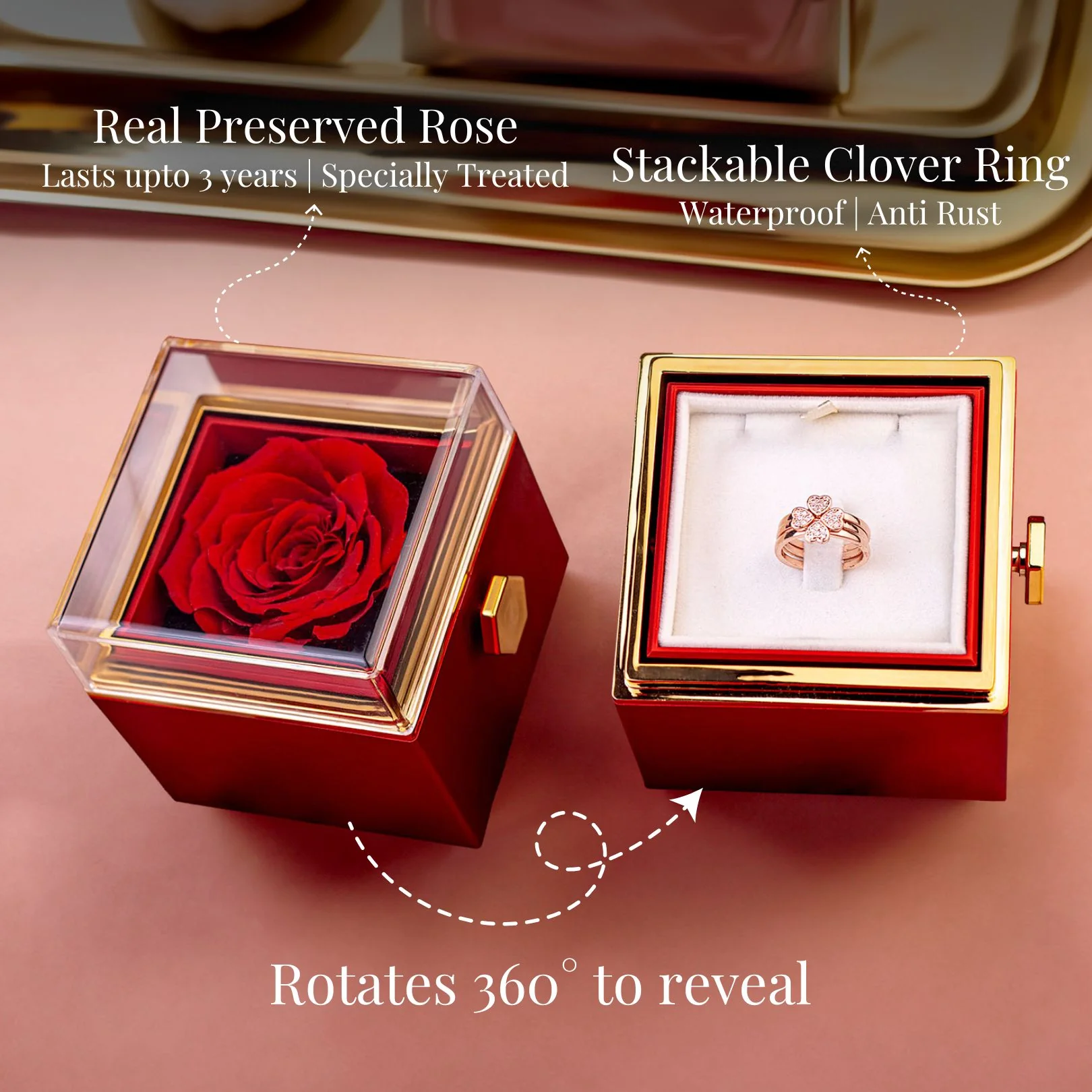Valentine's Rotating Rose Preserved Rose Jewellery Box With Rings - Image 21