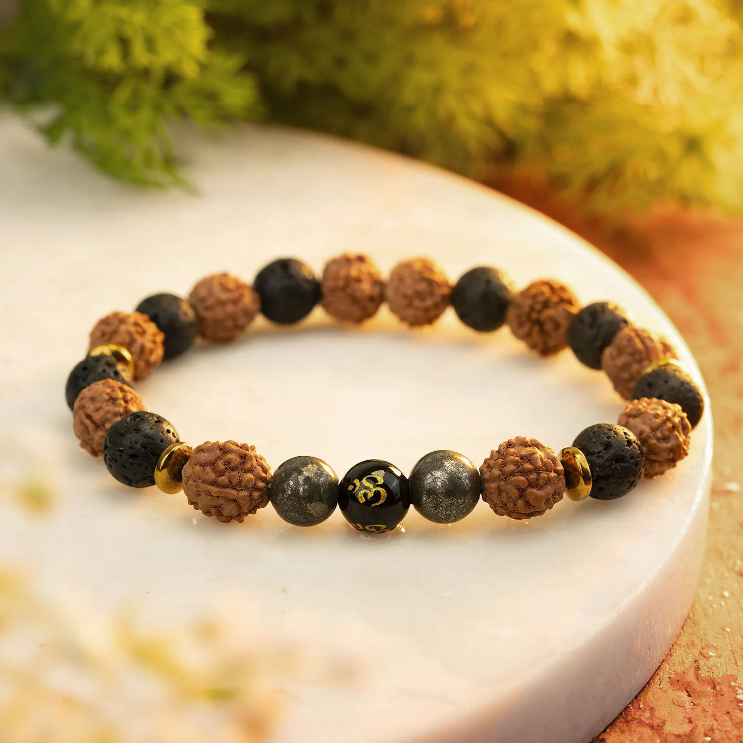 Spiritual Rudraksh Natural Stone Pyrite Om Bracelet - Image 10