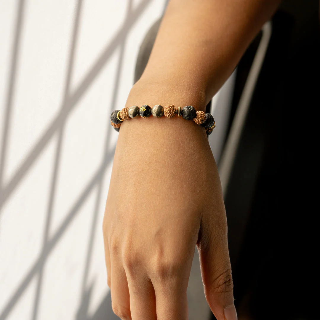 Spiritual Rudraksh Natural Stone Pyrite Om Bracelet - Image 12