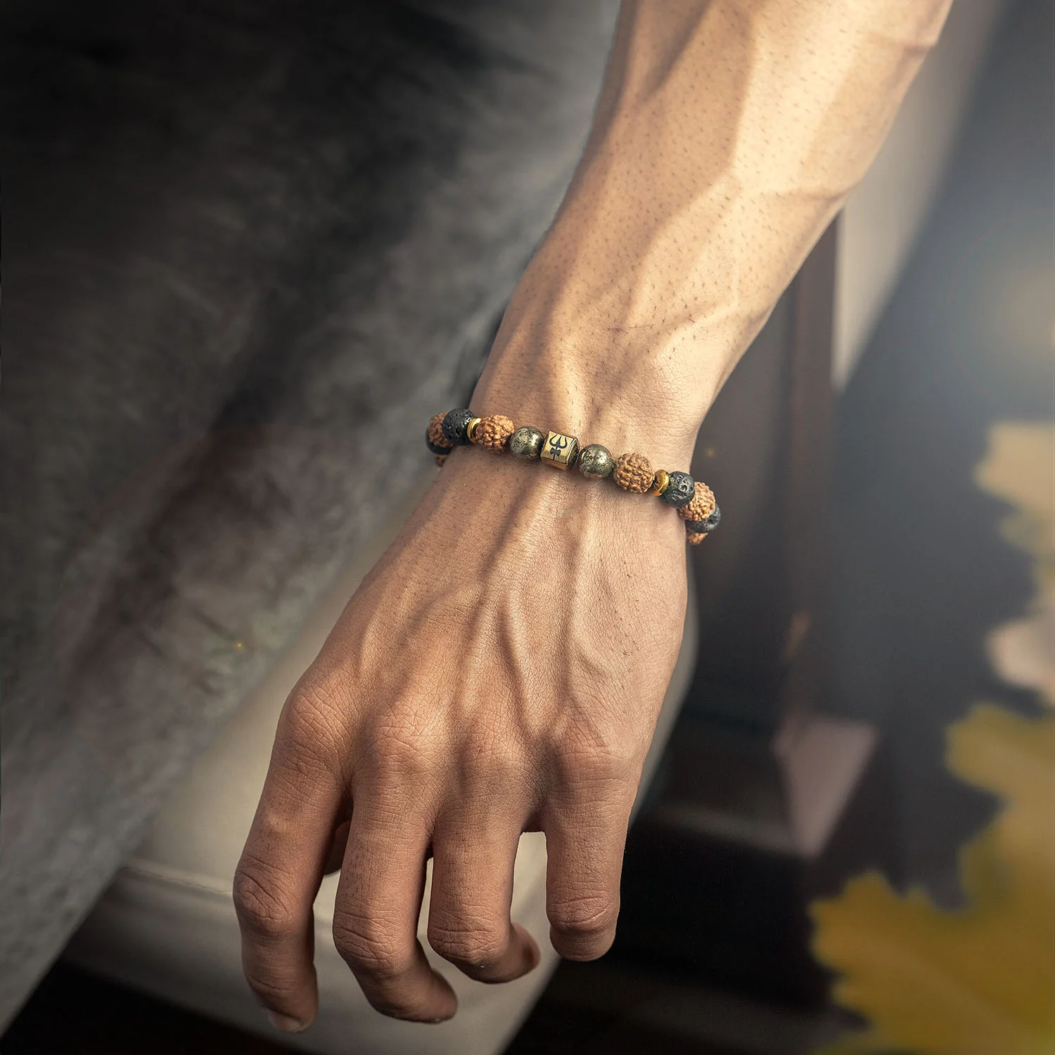 Spiritual Rudraksh Pyrite Trishul Bracelet - Image 3