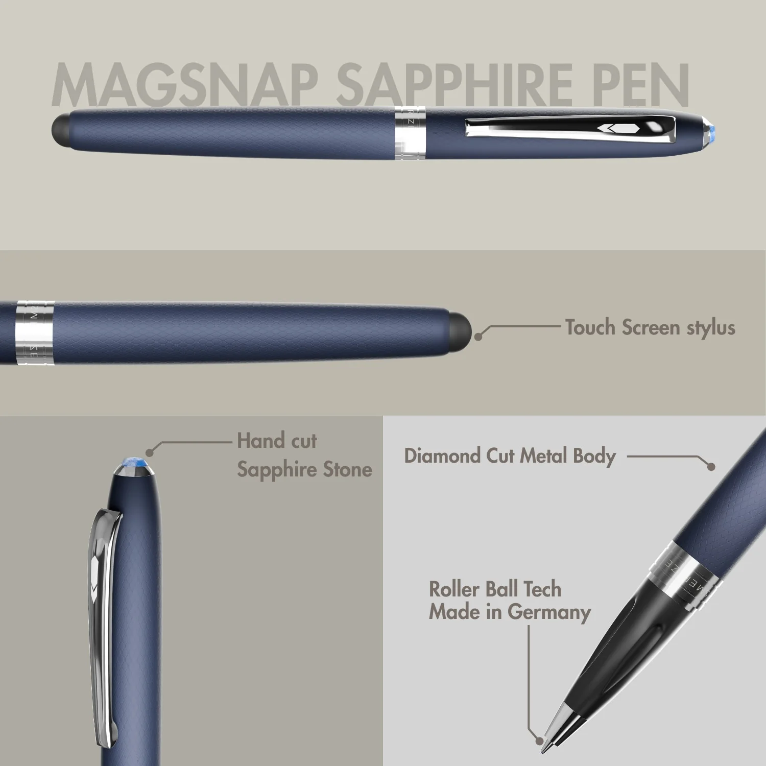 Ultra Matte Blue Sapphire 2 in 1 MagSnap Roller Ball Pen with Stylus - Image 2