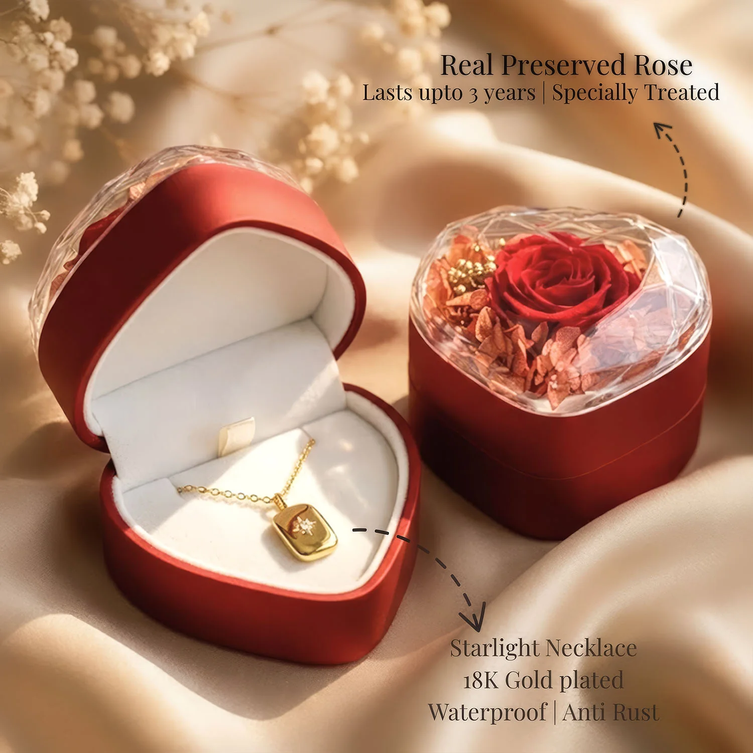 Valentine's Heart Shaped Preserved Rose Jewellery Box With Necklaces - Image 13