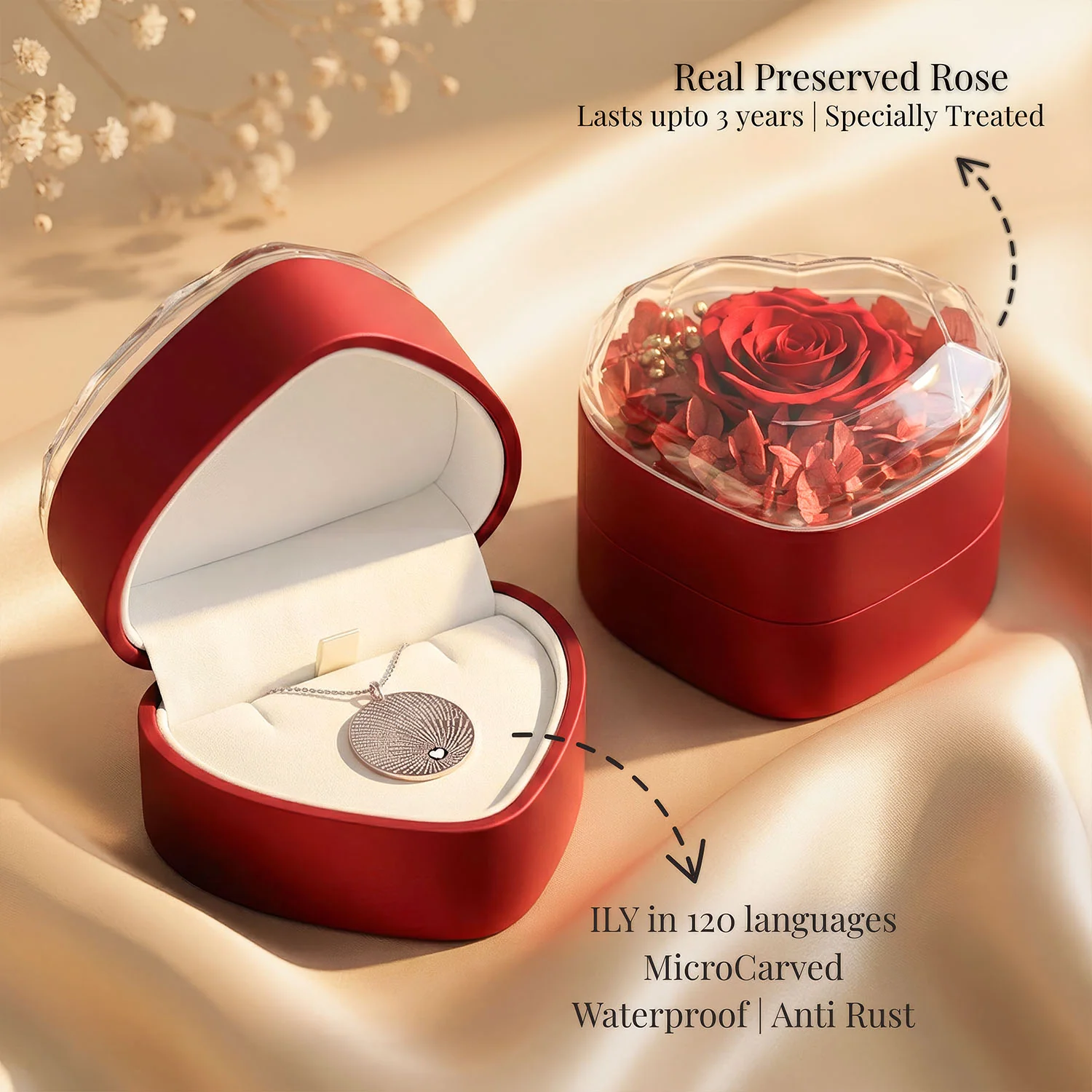 Valentine's Heart Shaped Preserved Rose Jewellery Box With Necklaces - Image 25