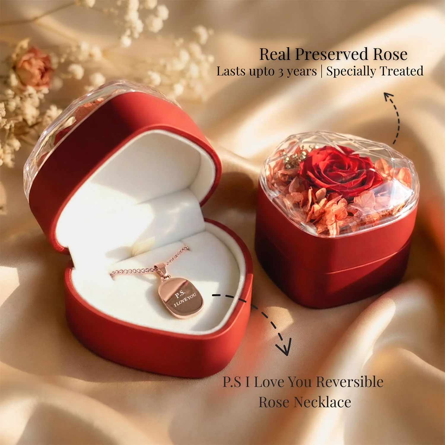 Valentine's Heart Shaped Preserved Rose Jewellery Box With Necklaces - Image 29