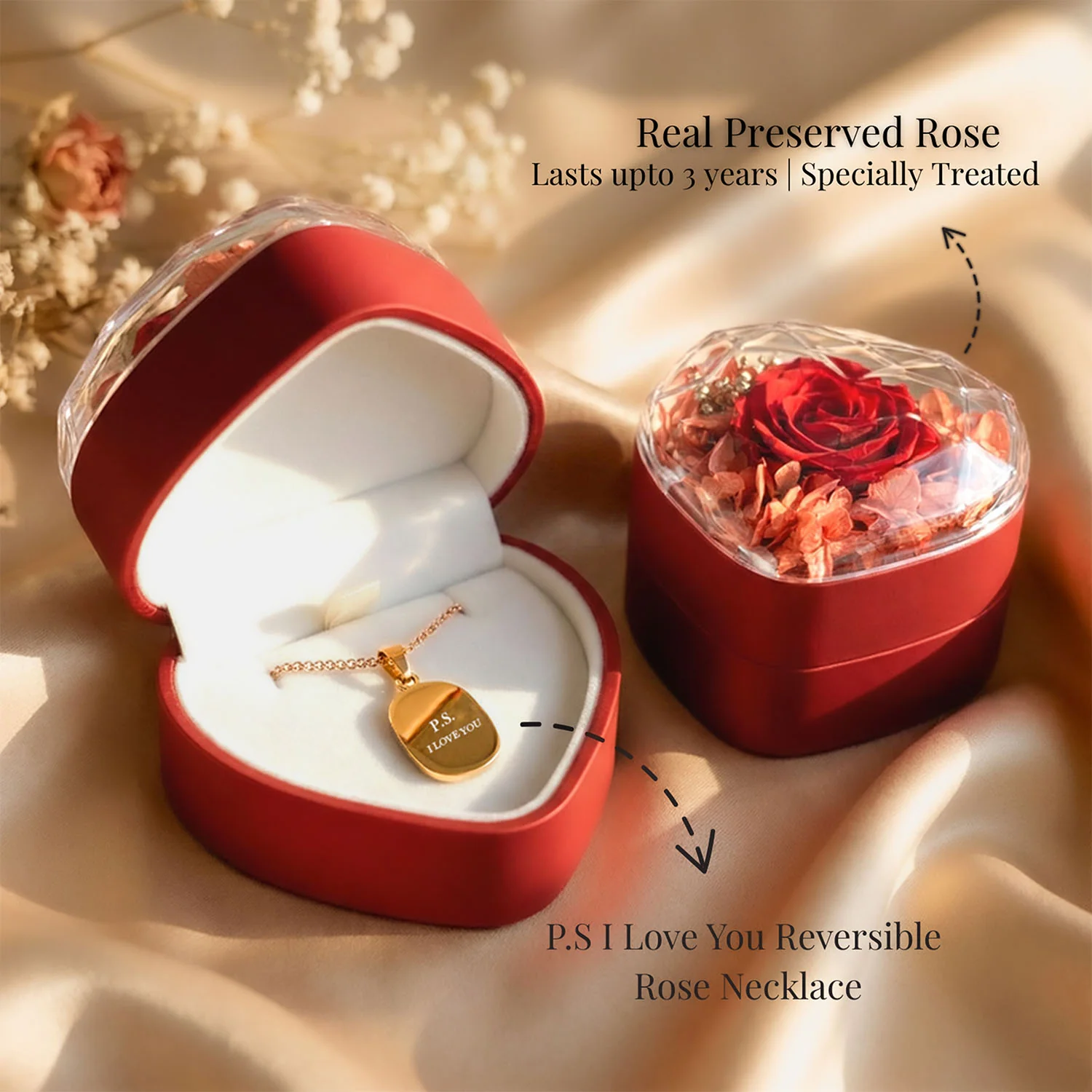 Valentine's Heart Shaped Preserved Rose Jewellery Box With Necklaces - Image 33