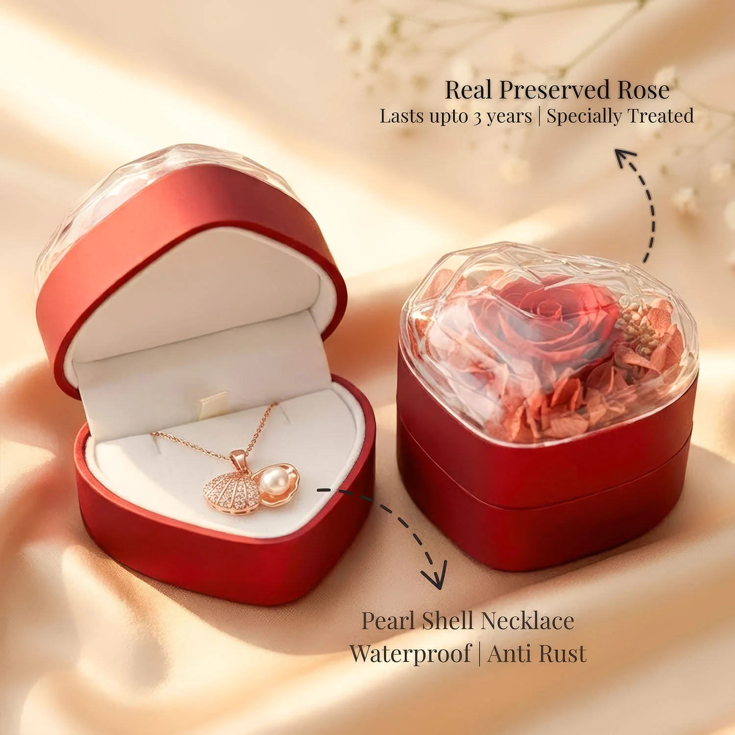 Valentine's Heart Shaped Preserved Rose Jewellery Box With Necklaces - Image 37