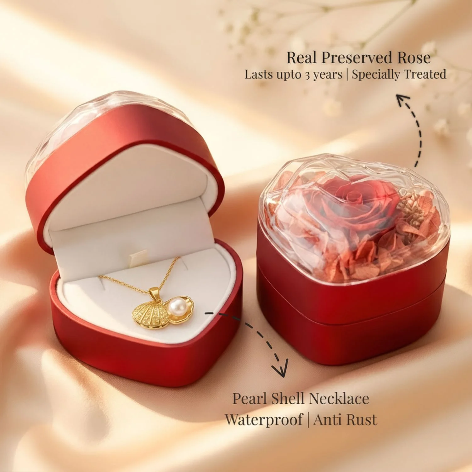Valentine's Heart Shaped Preserved Rose Jewellery Box With Necklaces - Image 41
