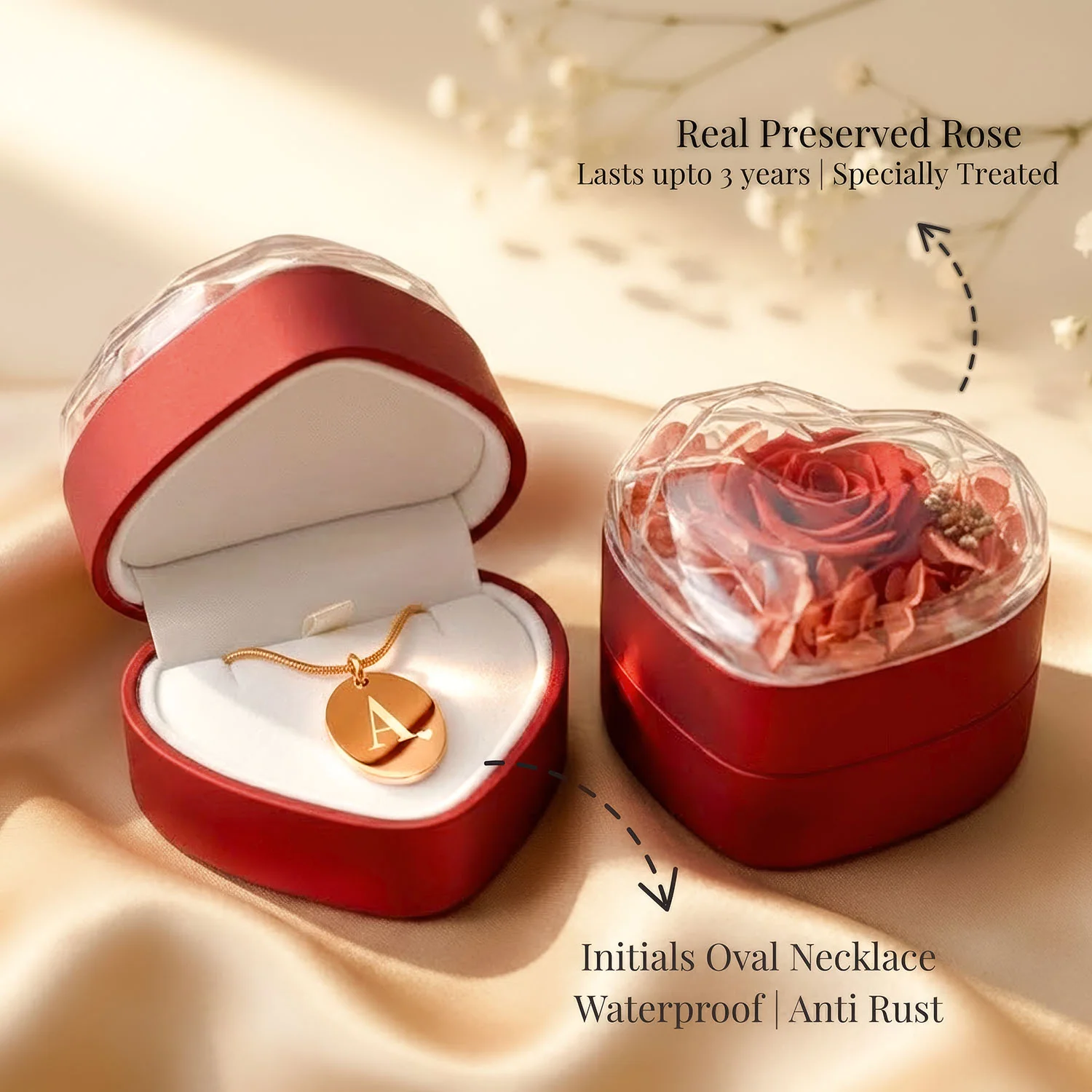 Valentine's Heart Shaped Preserved Rose Jewellery Box With Necklaces - Image 49