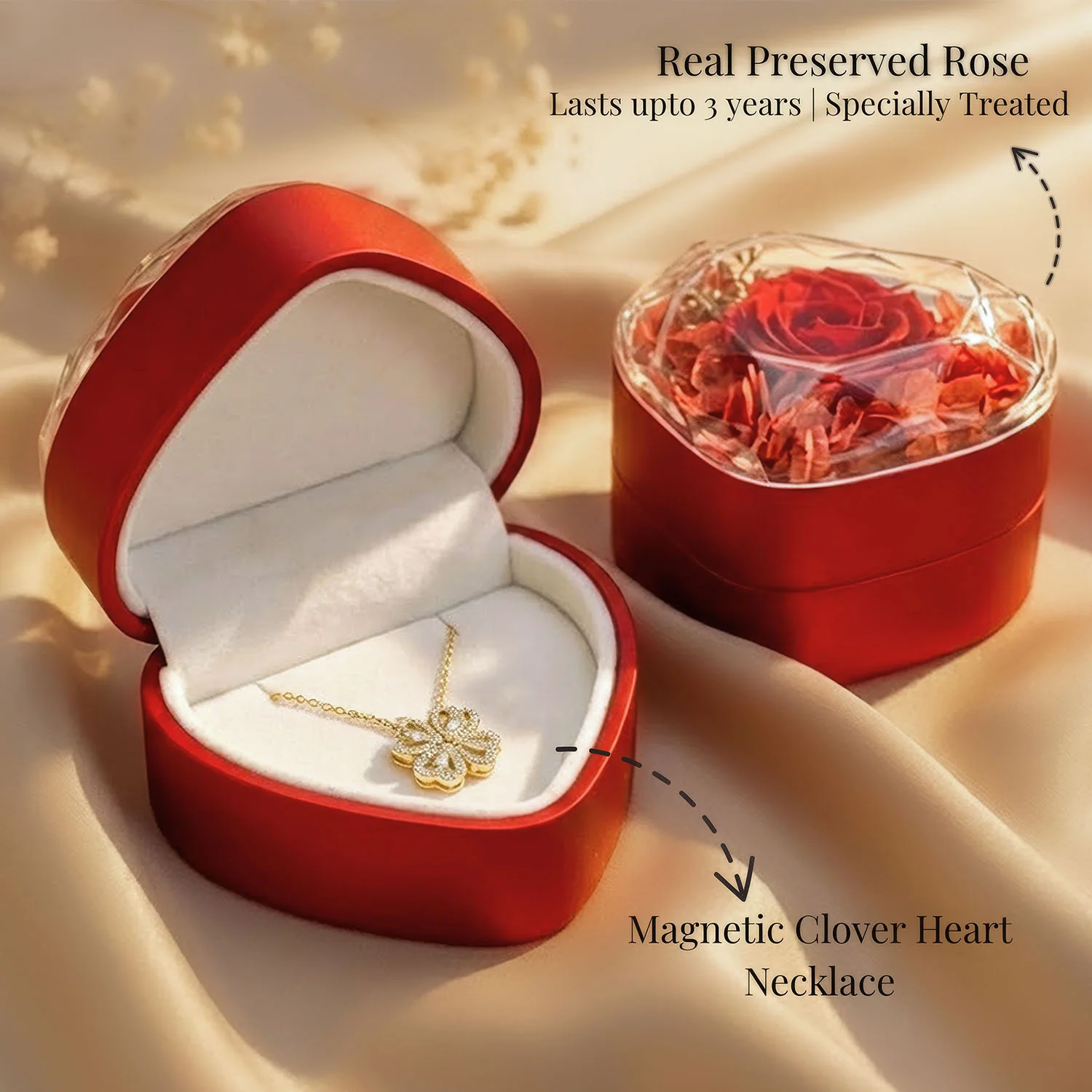 Valentine's Heart Shaped Preserved Rose Jewellery Box With Necklaces - Image 5