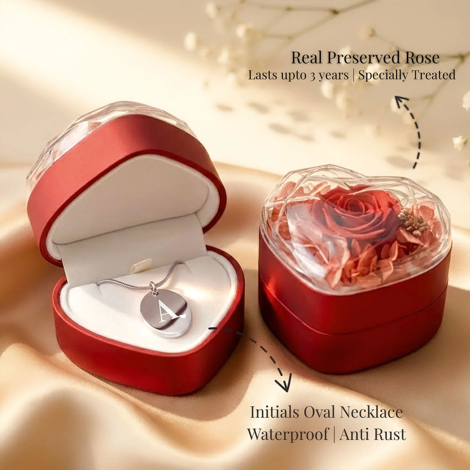 Valentine's Heart Shaped Preserved Rose Jewellery Box With Necklaces - Image 57
