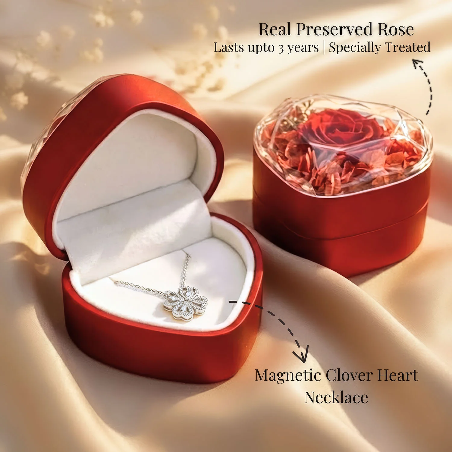 Valentine's Heart Shaped Preserved Rose Jewellery Box With Necklaces - Image 9