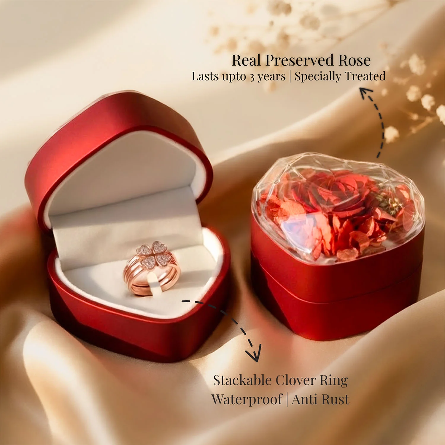 Valentine's Heart Shaped Preserved Rose Jewellery Box With Rings - Image 13