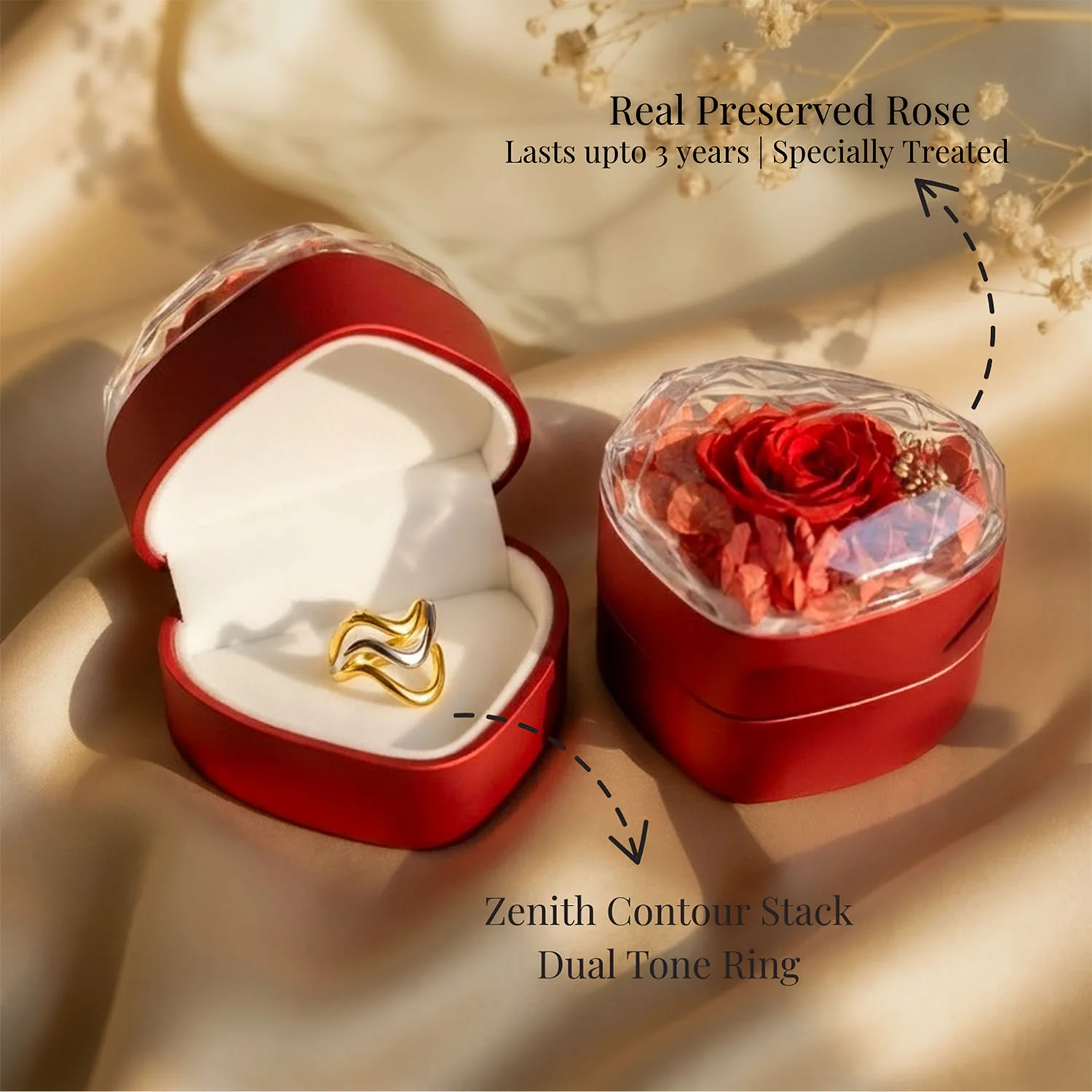 Valentine's Heart Shaped Preserved Rose Jewellery Box With Rings - Image 17